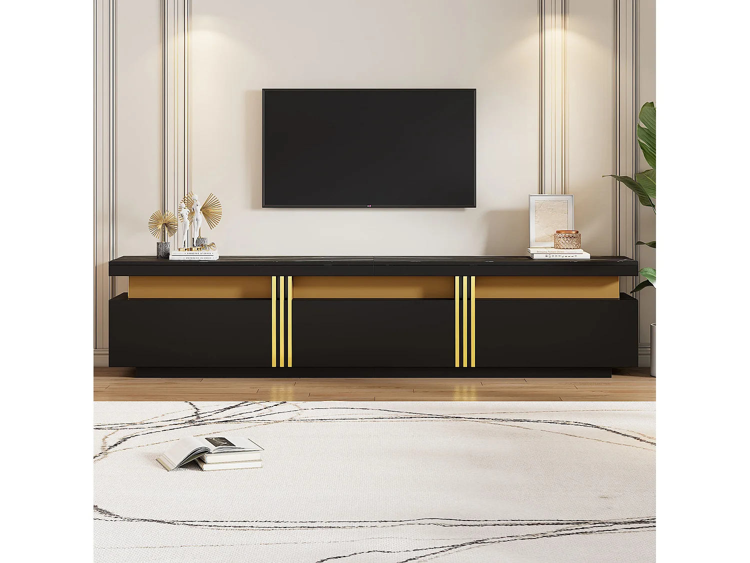 Meuble TV rectangulaire - Meuble TV avec 3 tiroirs individuels et 1 passe-câbles - pour téléviseurs jusqu'à 90 pouces - noir