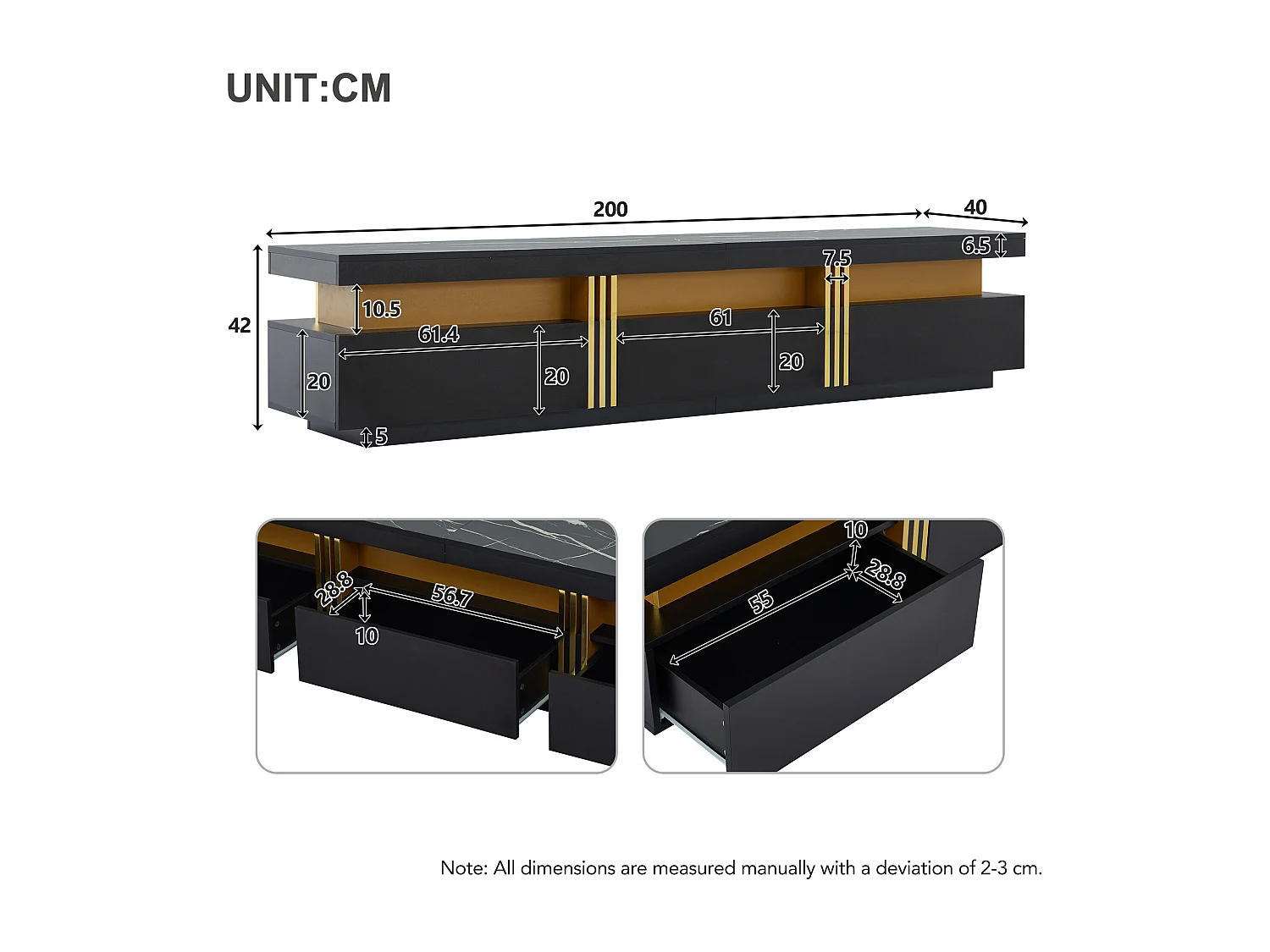 Meuble TV rectangulaire - Meuble TV avec 3 tiroirs individuels et 1 passe-câbles - pour téléviseurs jusqu'à 90 pouces - noir