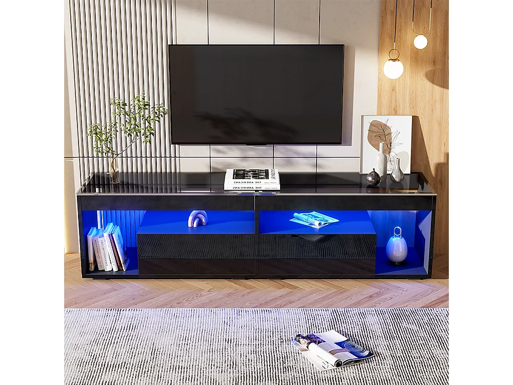Zwarte TV-kast 180cm - TV-kast met 2 lades en LED-verlichting - geschikt voor 70 inch TV
