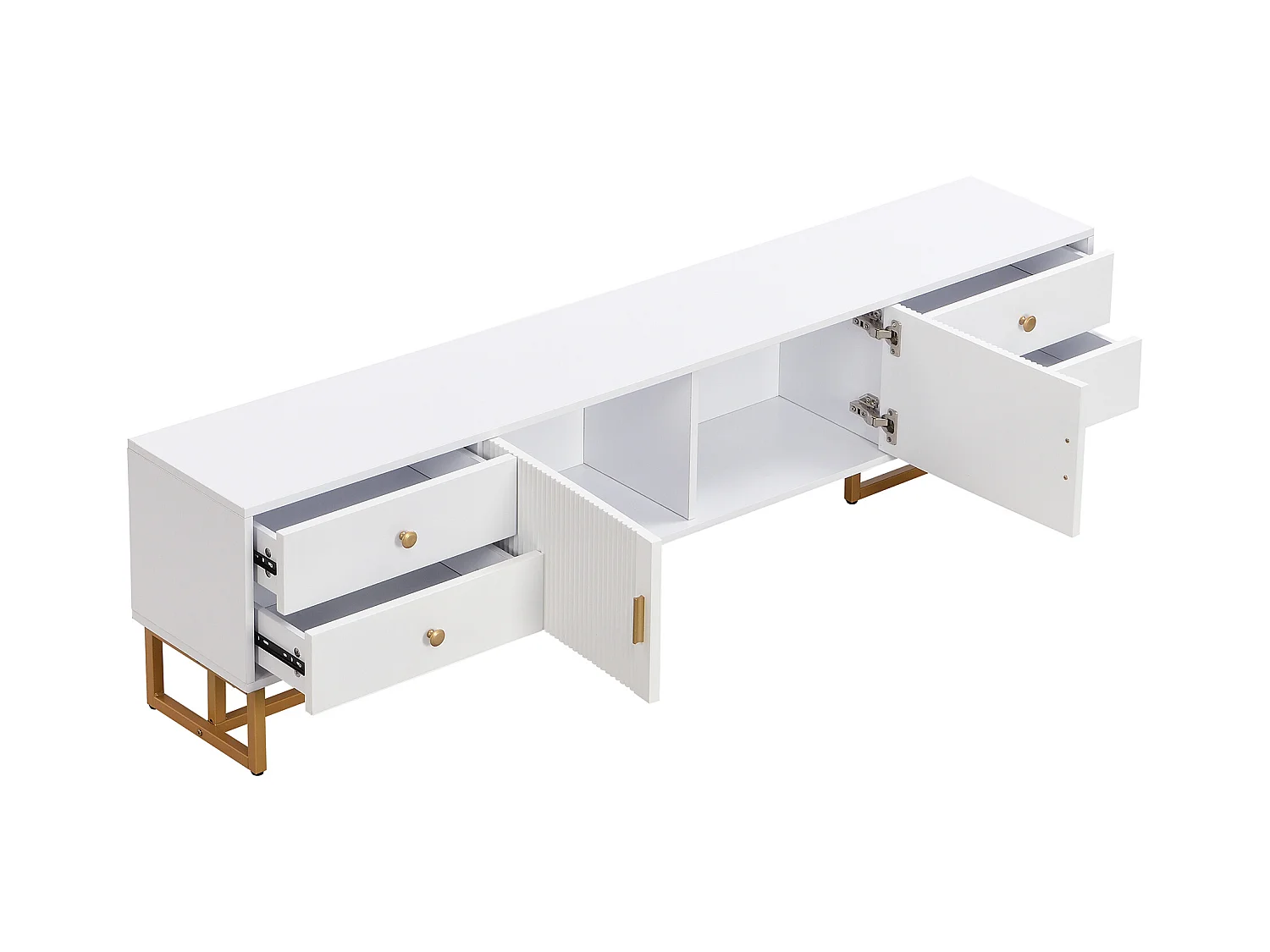 Meuble TV blanc - Meuble TV de salon avec 2 portes texturées et 4 tiroirs - poignées et pieds dorés