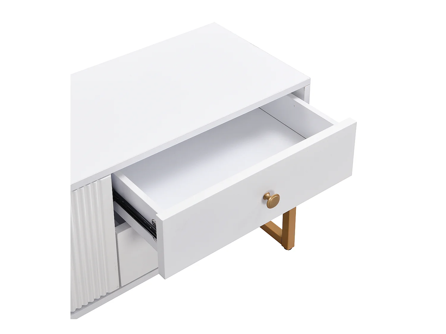 Meuble TV blanc - Meuble TV de salon avec 2 portes texturées et 4 tiroirs - poignées et pieds dorés