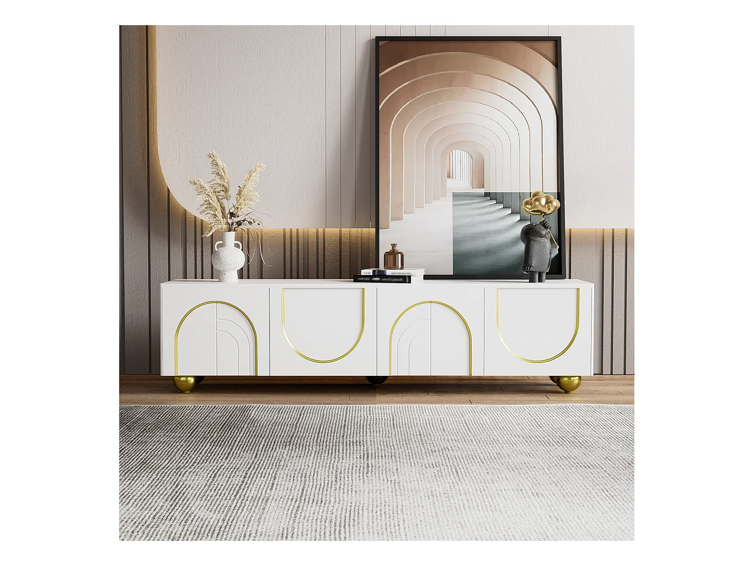 Meuble TV élégant - Meuble TV blanc avec 4 portes texturées - pieds ronds dorés - pour salon et chambre