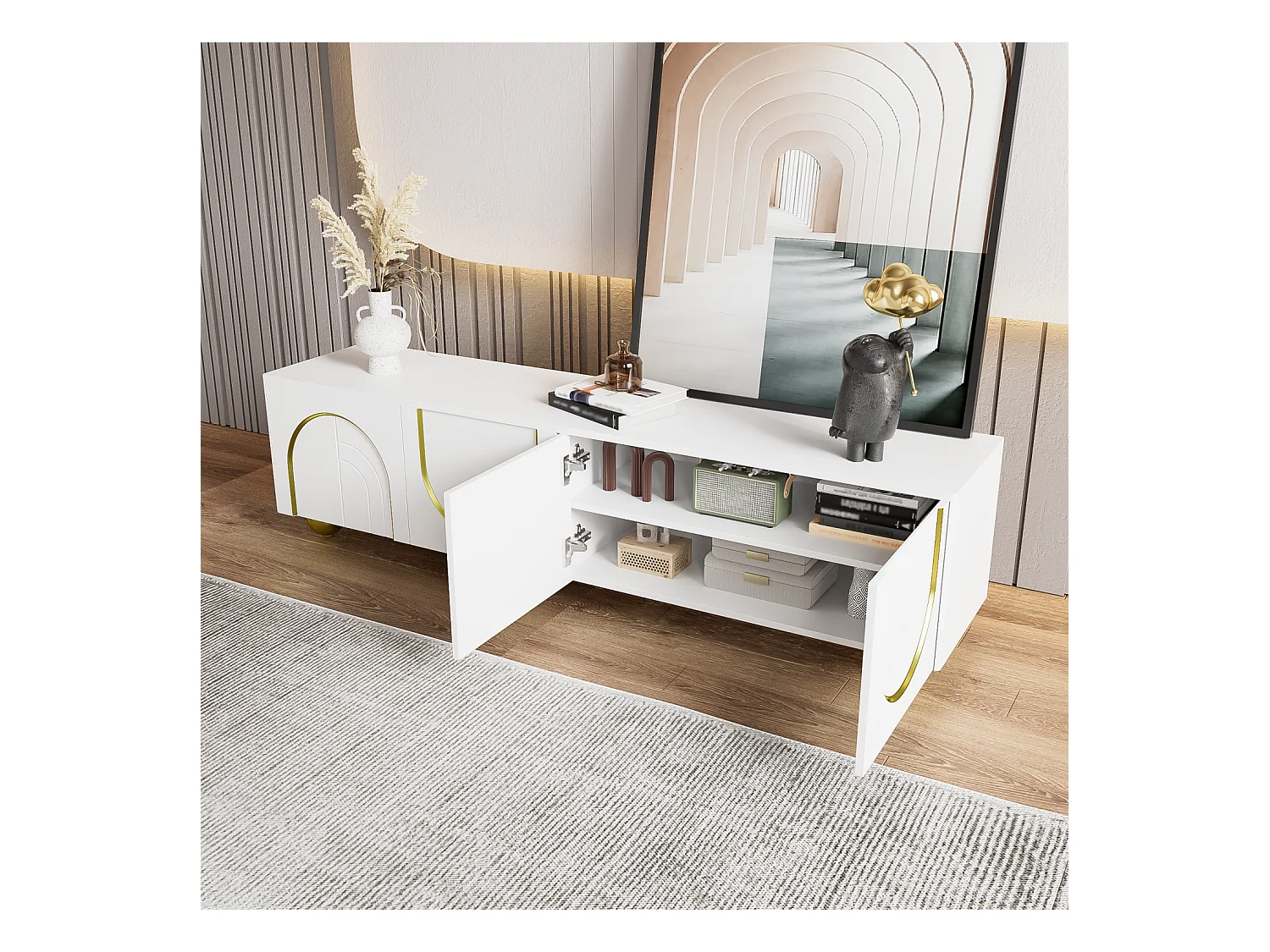 Meuble TV élégant - Meuble TV blanc avec 4 portes texturées - pieds ronds dorés - pour salon et chambre