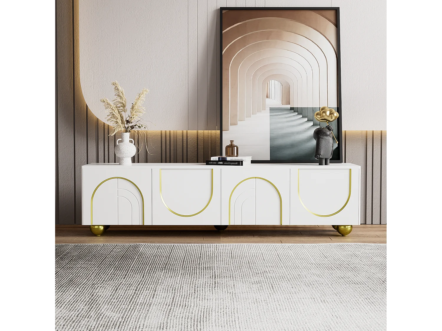 Meuble TV élégant - Meuble TV blanc avec 4 portes texturées - pieds ronds dorés - pour salon et chambre