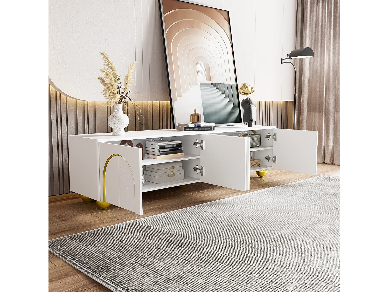 Meuble TV élégant - Meuble TV blanc avec 4 portes texturées - pieds ronds dorés - pour salon et chambre