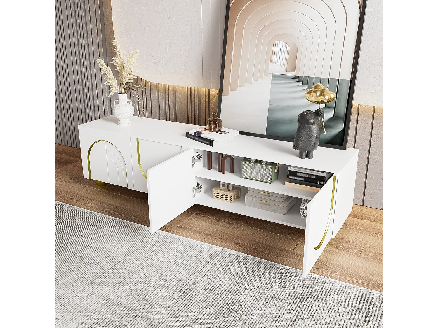 Meuble TV élégant - Meuble TV blanc avec 4 portes texturées - pieds ronds dorés - pour salon et chambre