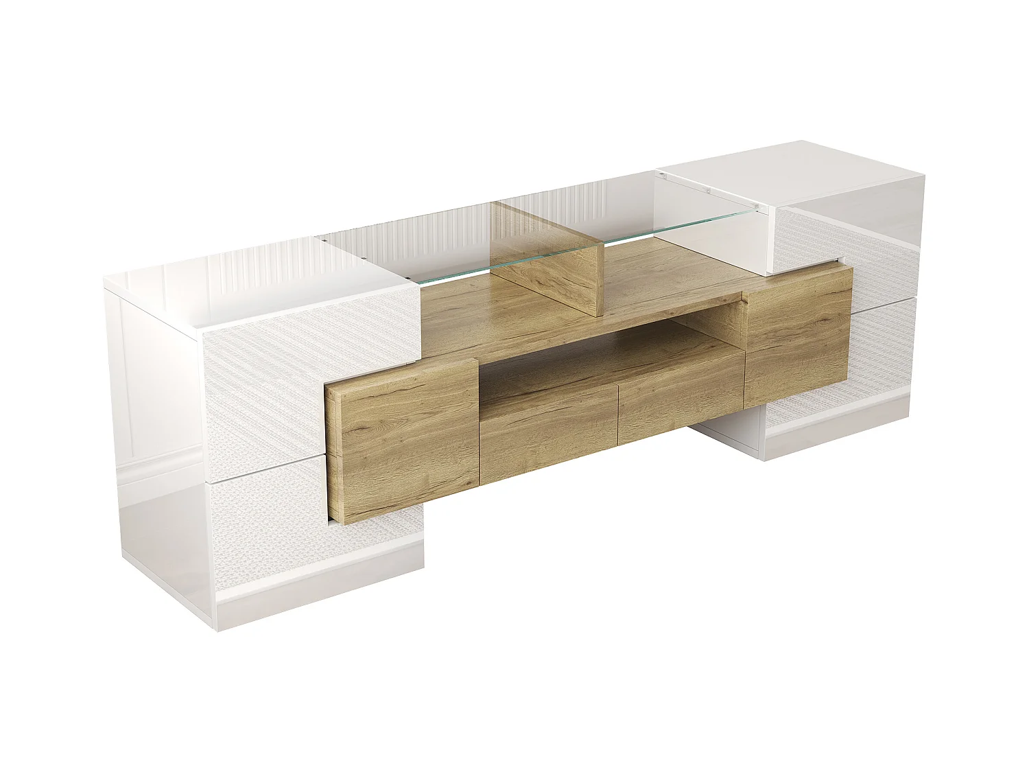 Mueble TV brillante - Mueble TV para salón con iluminación LED - 6 puertas y 2 cajones - blanco y madera