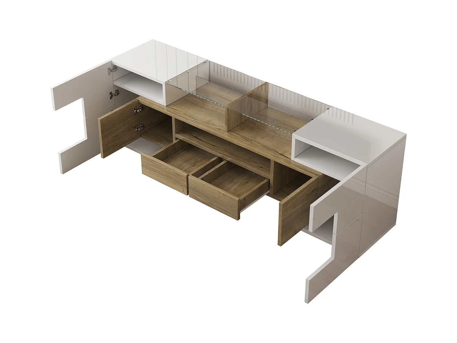 Mueble TV brillante - Mueble TV para salón con iluminación LED - 6 puertas y 2 cajones - blanco y madera