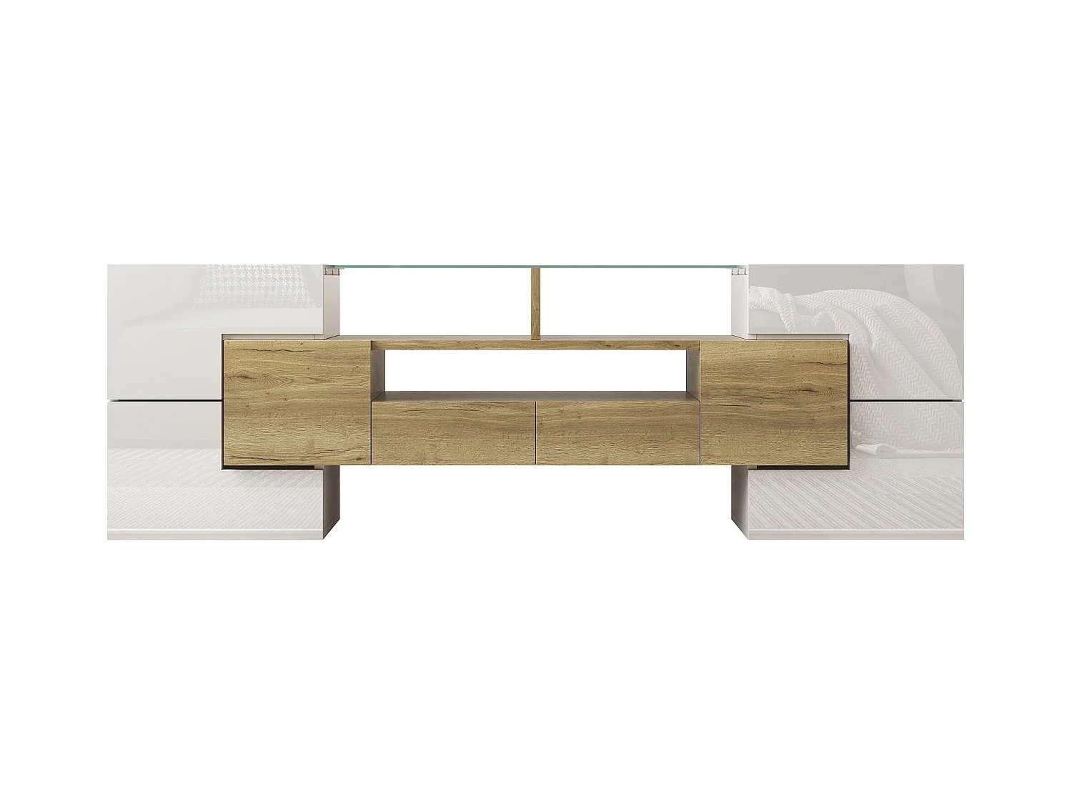 Mueble TV brillante - Mueble TV para salón con iluminación LED - 6 puertas y 2 cajones - blanco y madera