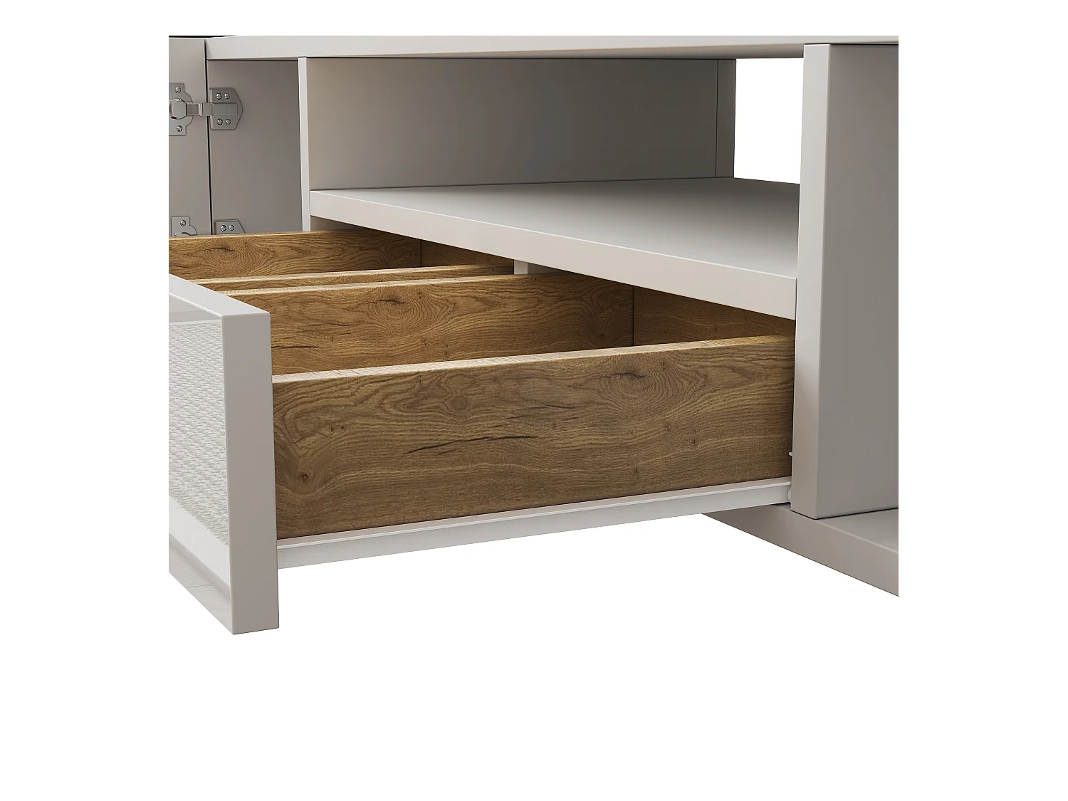 Mueble TV brillante - Mueble TV para salón con iluminación LED - 6 puertas y 2 cajones - blanco y madera