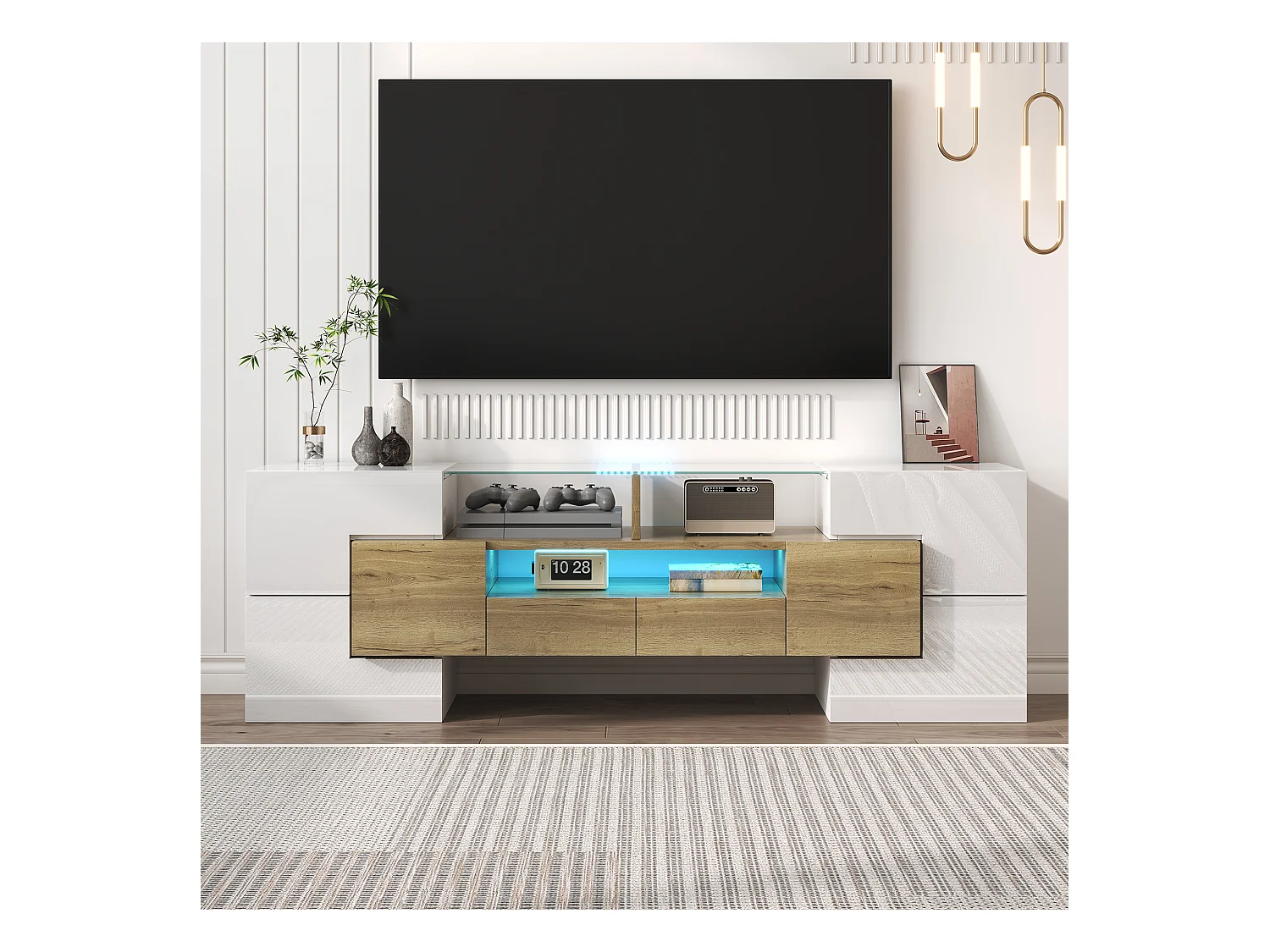 Meuble TV brillant - Meuble TV de salon avec éclairage LED - 6 portes et 2 tiroirs - blanc et bois