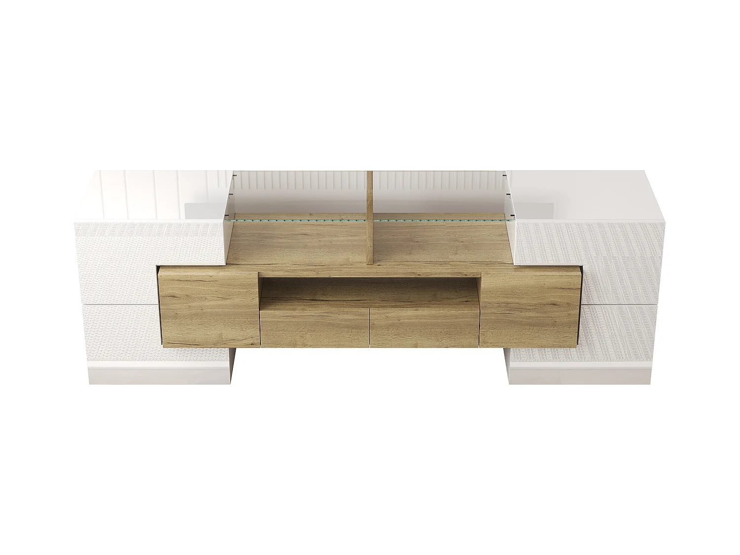 Meuble TV brillant - Meuble TV de salon avec éclairage LED - 6 portes et 2 tiroirs - blanc et bois