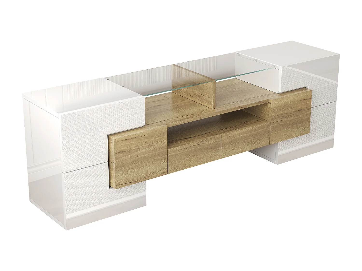 Meuble TV brillant - Meuble TV de salon avec éclairage LED - 6 portes et 2 tiroirs - blanc et bois