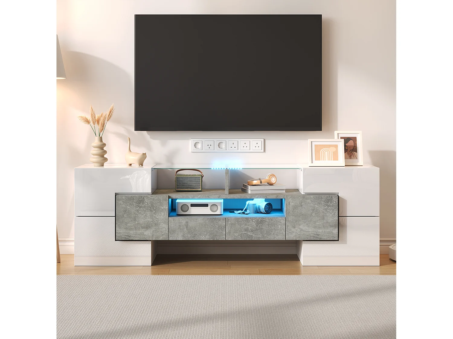 Mobile TV lucido - Mobile TV da soggiorno con illuminazione a LED - 6 ante e 2 cassetti - bianco e grigio