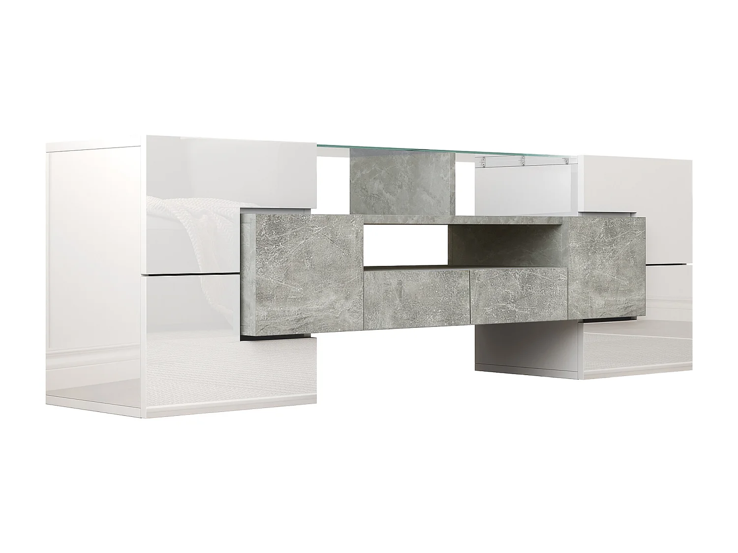 Meuble TV brillant - Meuble TV de salon avec éclairage LED - 6 portes et 2 tiroirs - blanc et gris