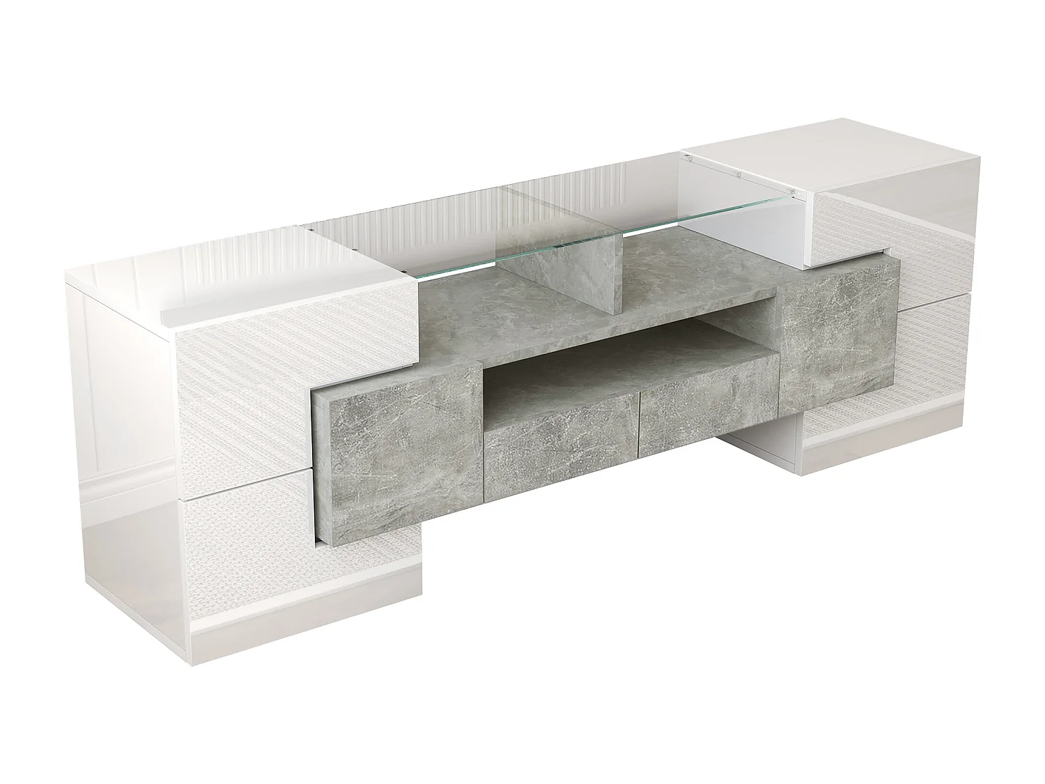 Meuble TV brillant - Meuble TV de salon avec éclairage LED - 6 portes et 2 tiroirs - blanc et gris