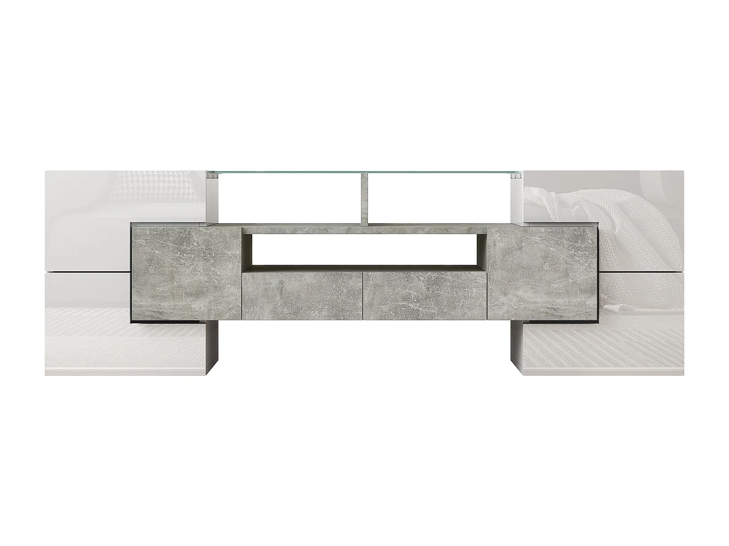 Meuble TV brillant - Meuble TV de salon avec éclairage LED - 6 portes et 2 tiroirs - blanc et gris