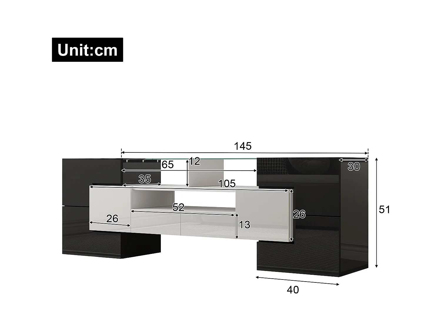 Meuble TV brillant - Meuble TV de salon avec éclairage LED - 6 portes et 2 tiroirs - noir et blanc