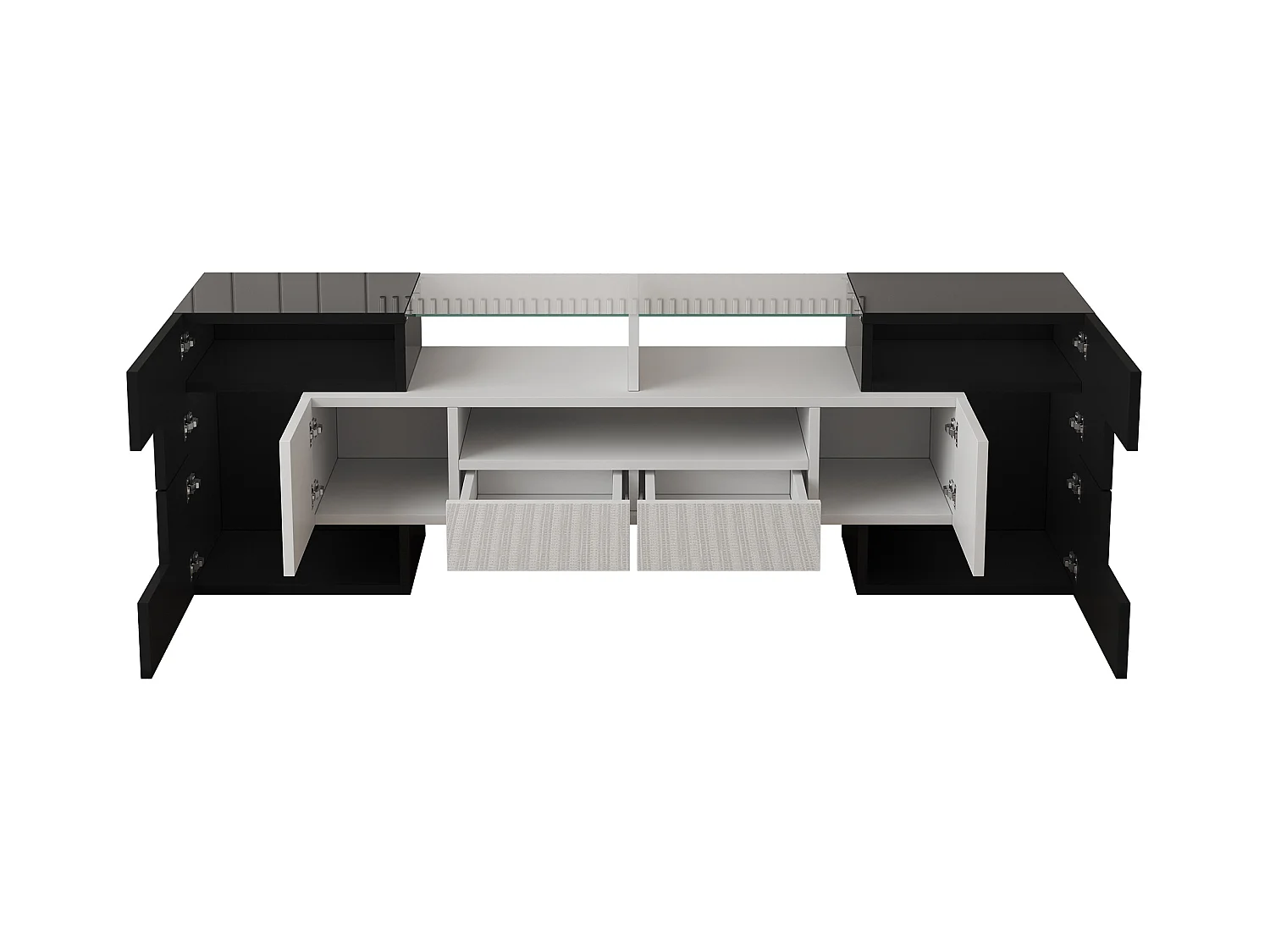 Meuble TV brillant - Meuble TV de salon avec éclairage LED - 6 portes et 2 tiroirs - noir et blanc