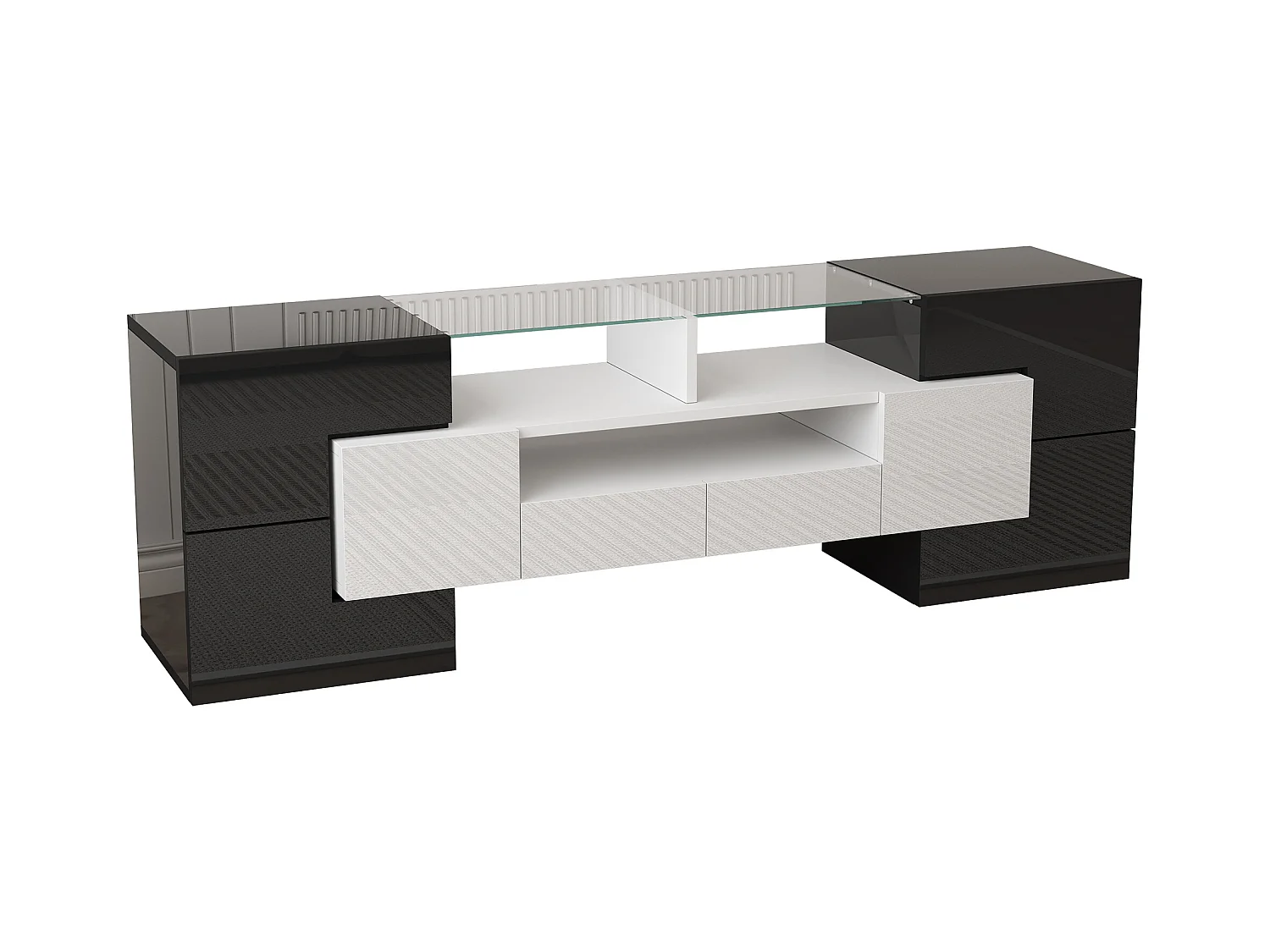 Meuble TV brillant - Meuble TV de salon avec éclairage LED - 6 portes et 2 tiroirs - noir et blanc