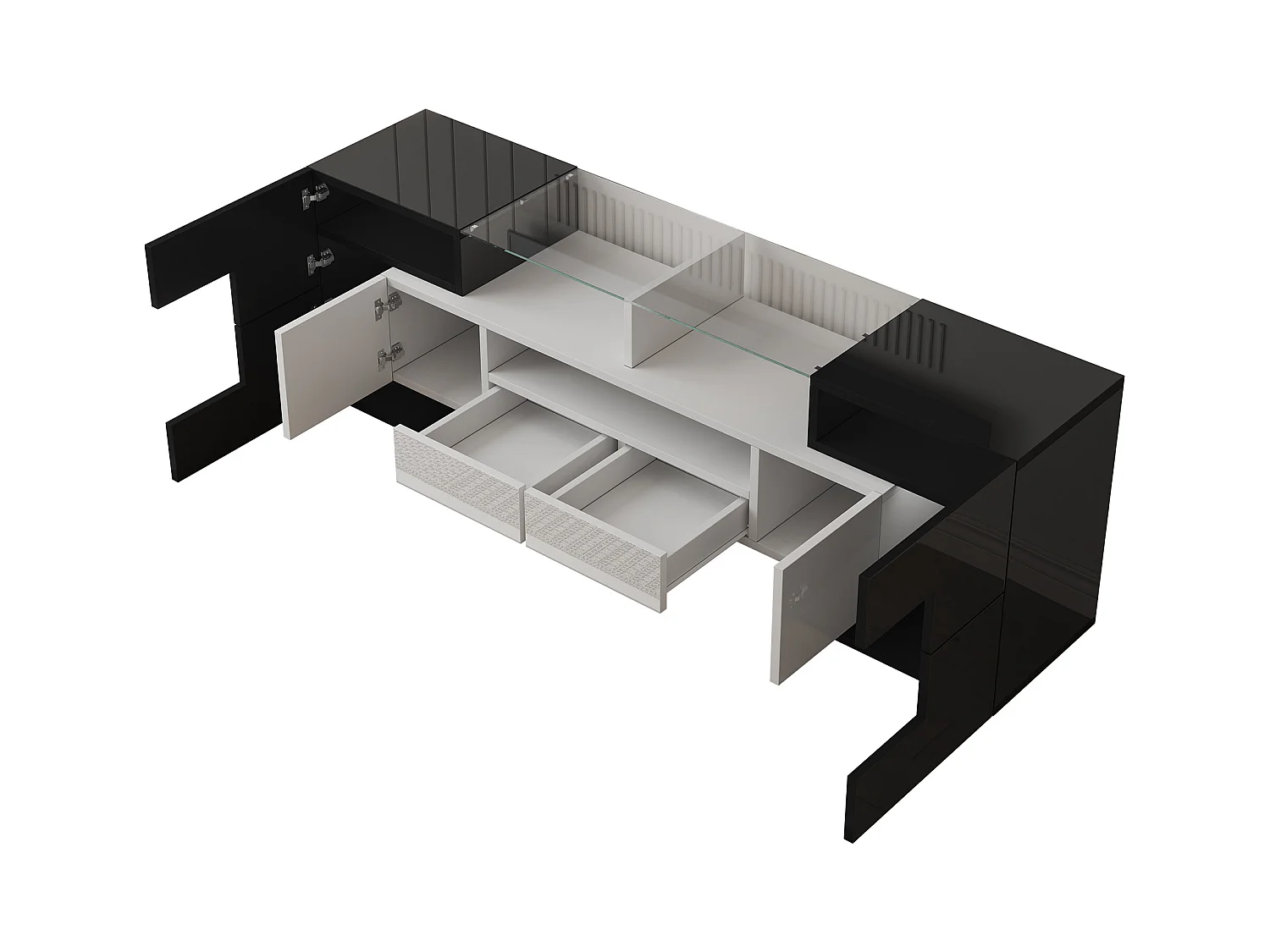 Meuble TV brillant - Meuble TV de salon avec éclairage LED - 6 portes et 2 tiroirs - noir et blanc