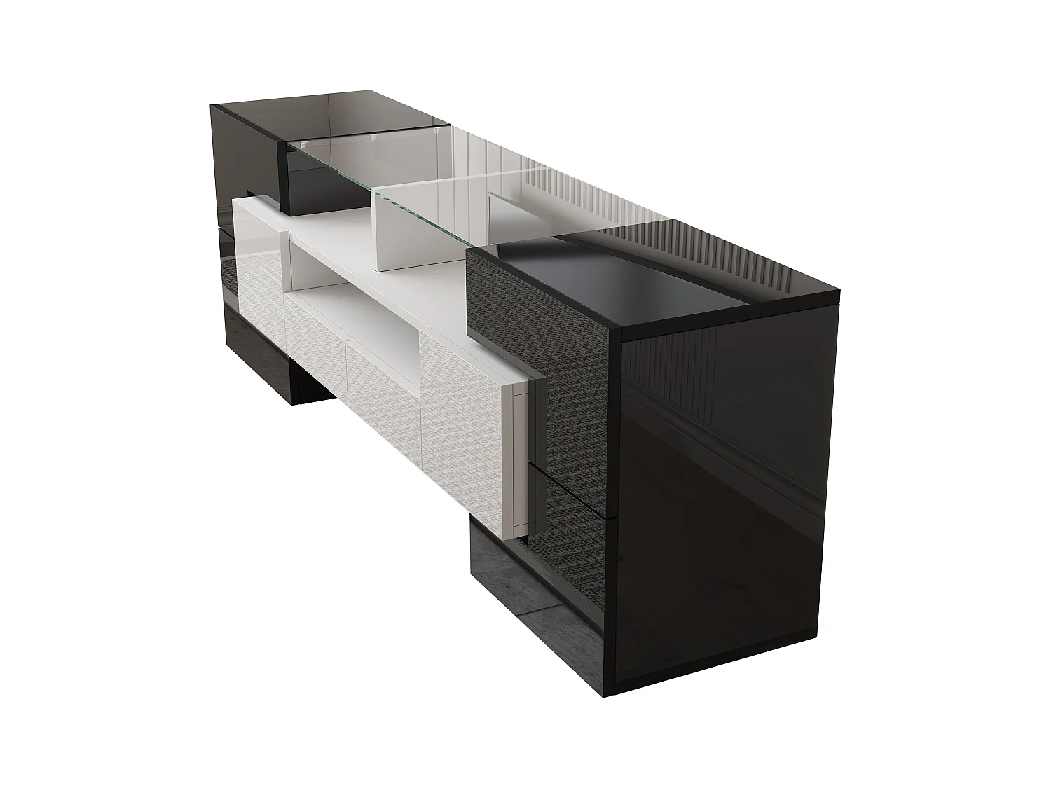 Meuble TV brillant - Meuble TV de salon avec éclairage LED - 6 portes et 2 tiroirs - noir et blanc