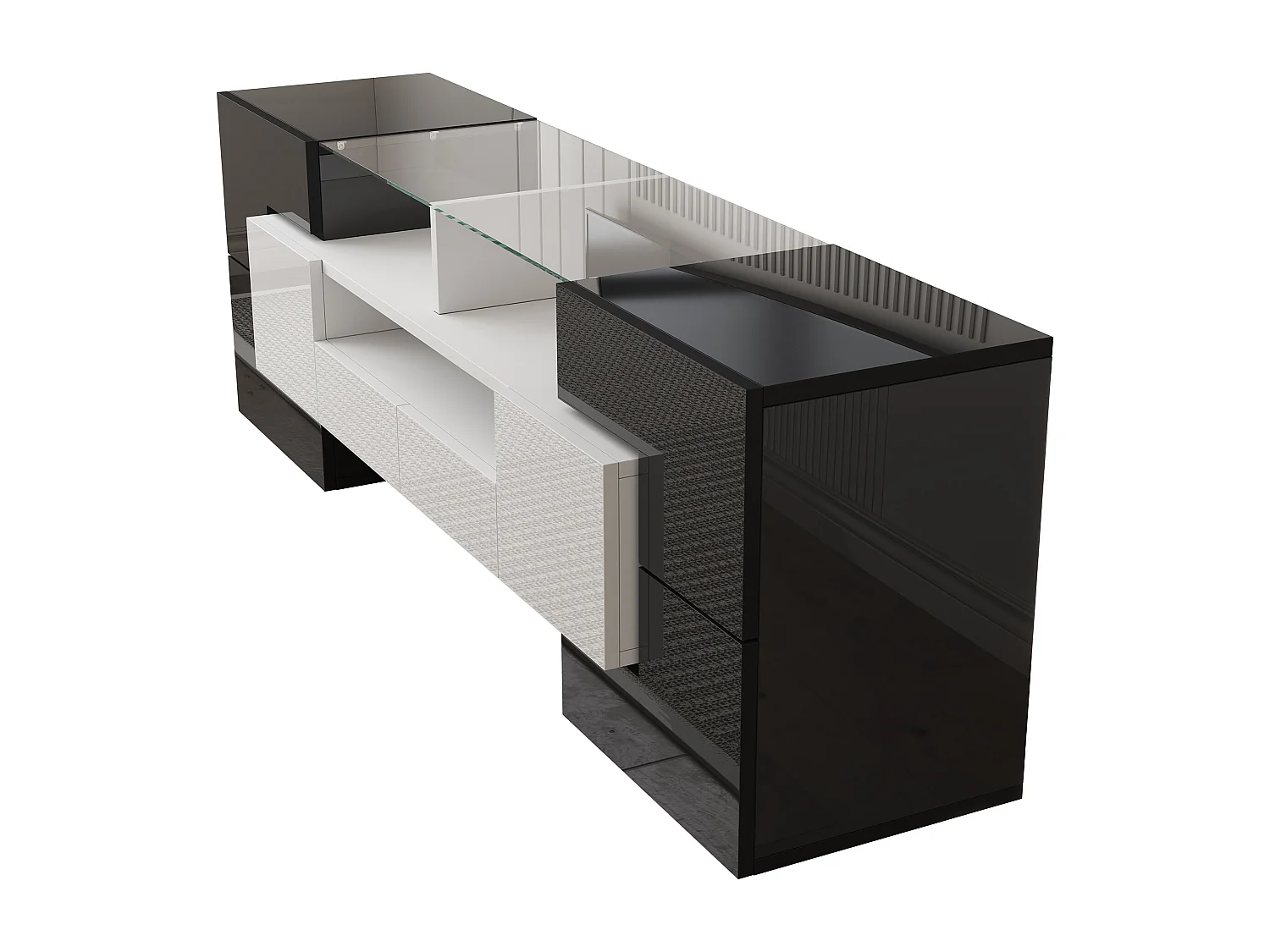 Meuble TV brillant - Meuble TV de salon avec éclairage LED - 6 portes et 2 tiroirs - noir et blanc