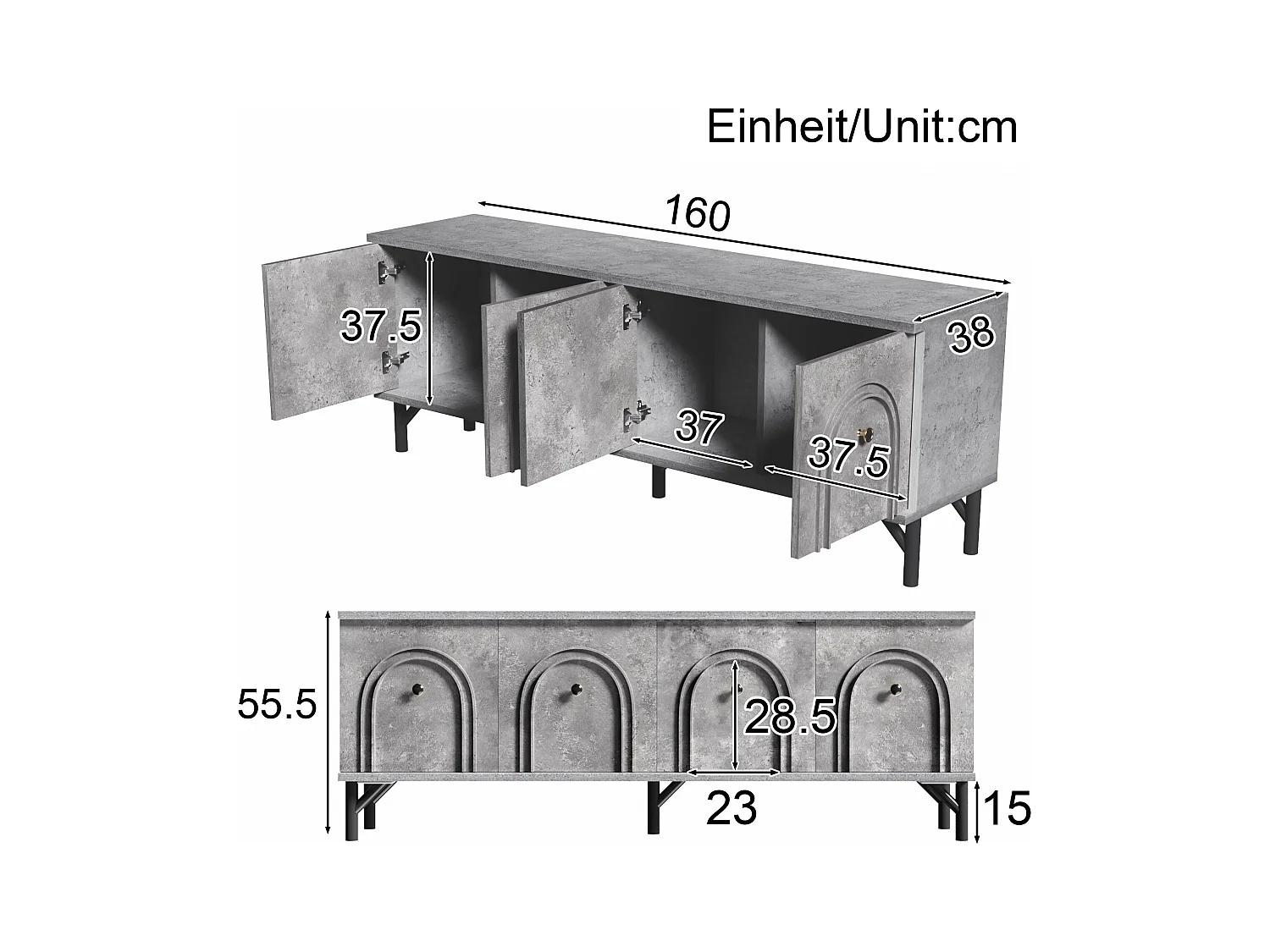 Meuble TV gris avec 4 portes cintrées - Meuble TV moderne - pieds noirs - pour salon et bureau