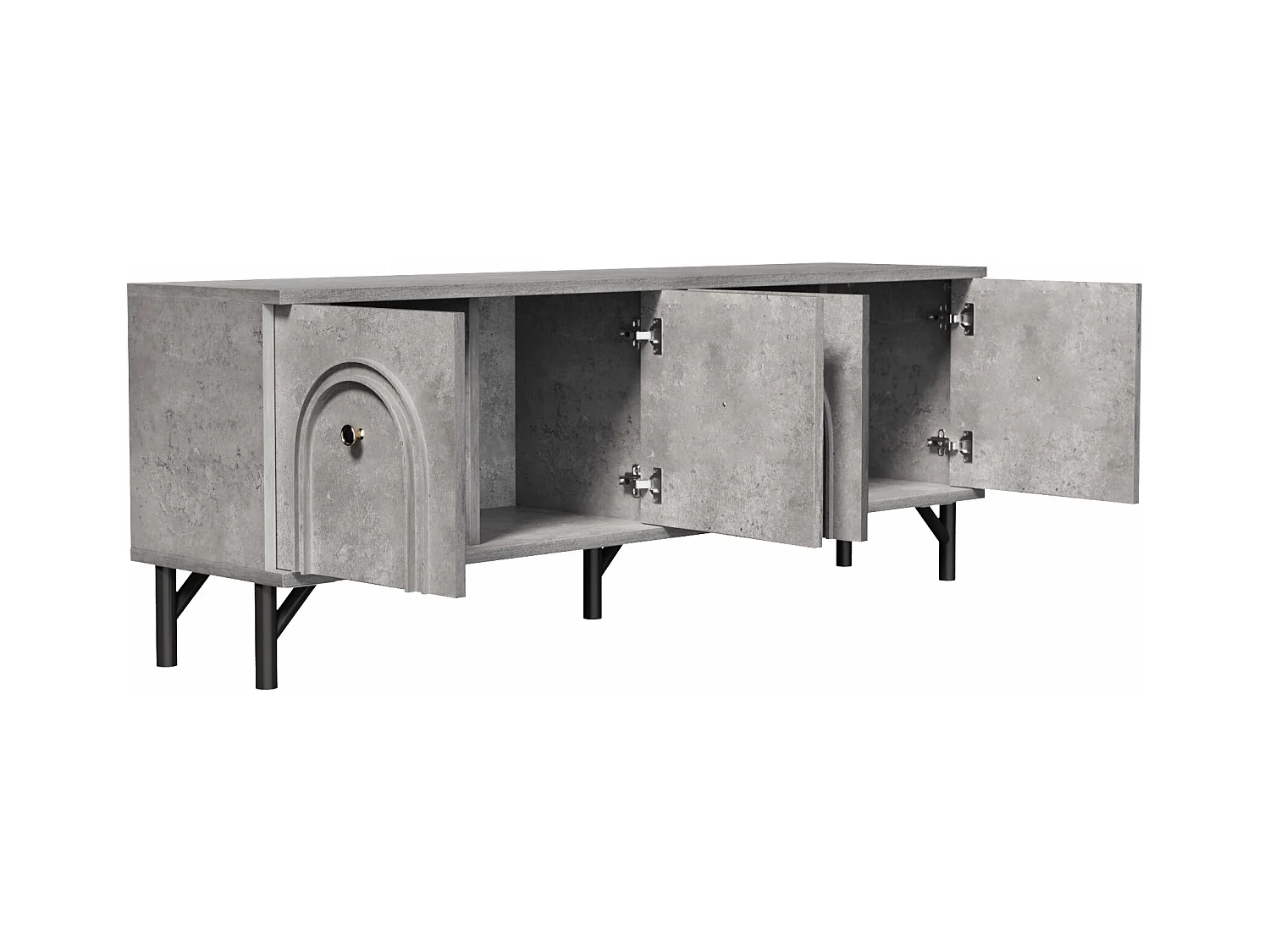 Meuble TV gris avec 4 portes cintrées - Meuble TV moderne - pieds noirs - pour salon et bureau