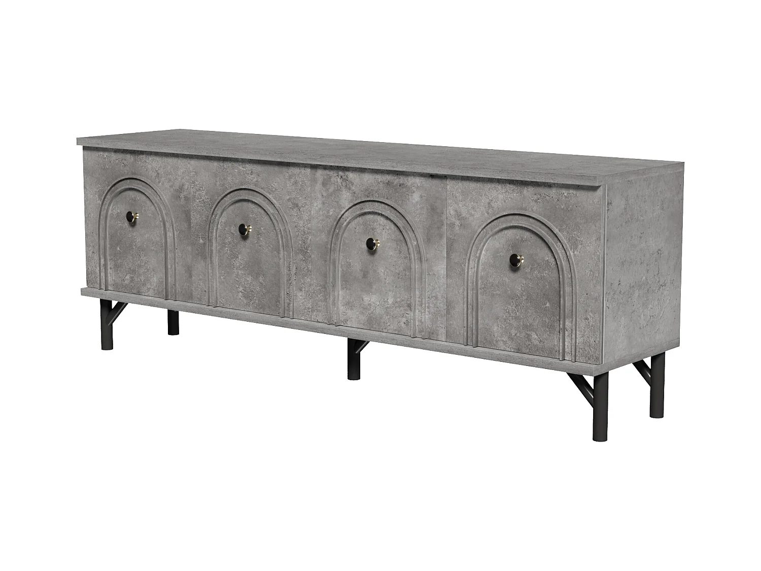 Meuble TV gris avec 4 portes cintrées - Meuble TV moderne - pieds noirs - pour salon et bureau