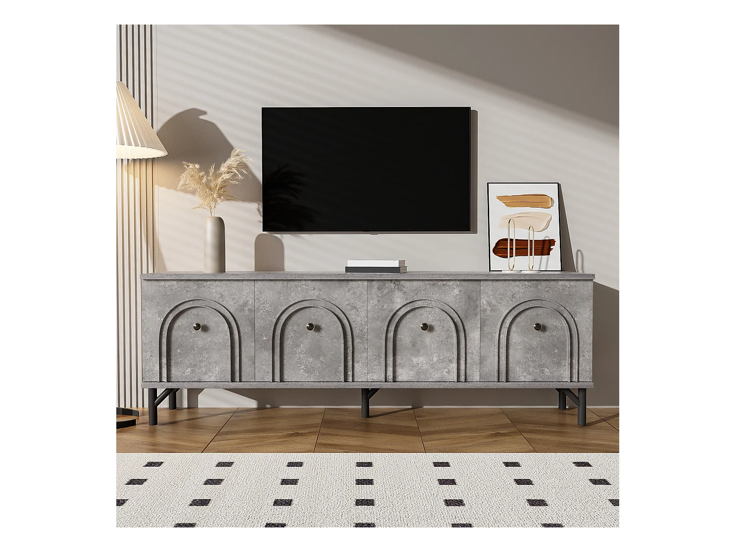 Meuble TV gris avec 4 portes cintrées - Meuble TV moderne - pieds noirs - pour salon et bureau