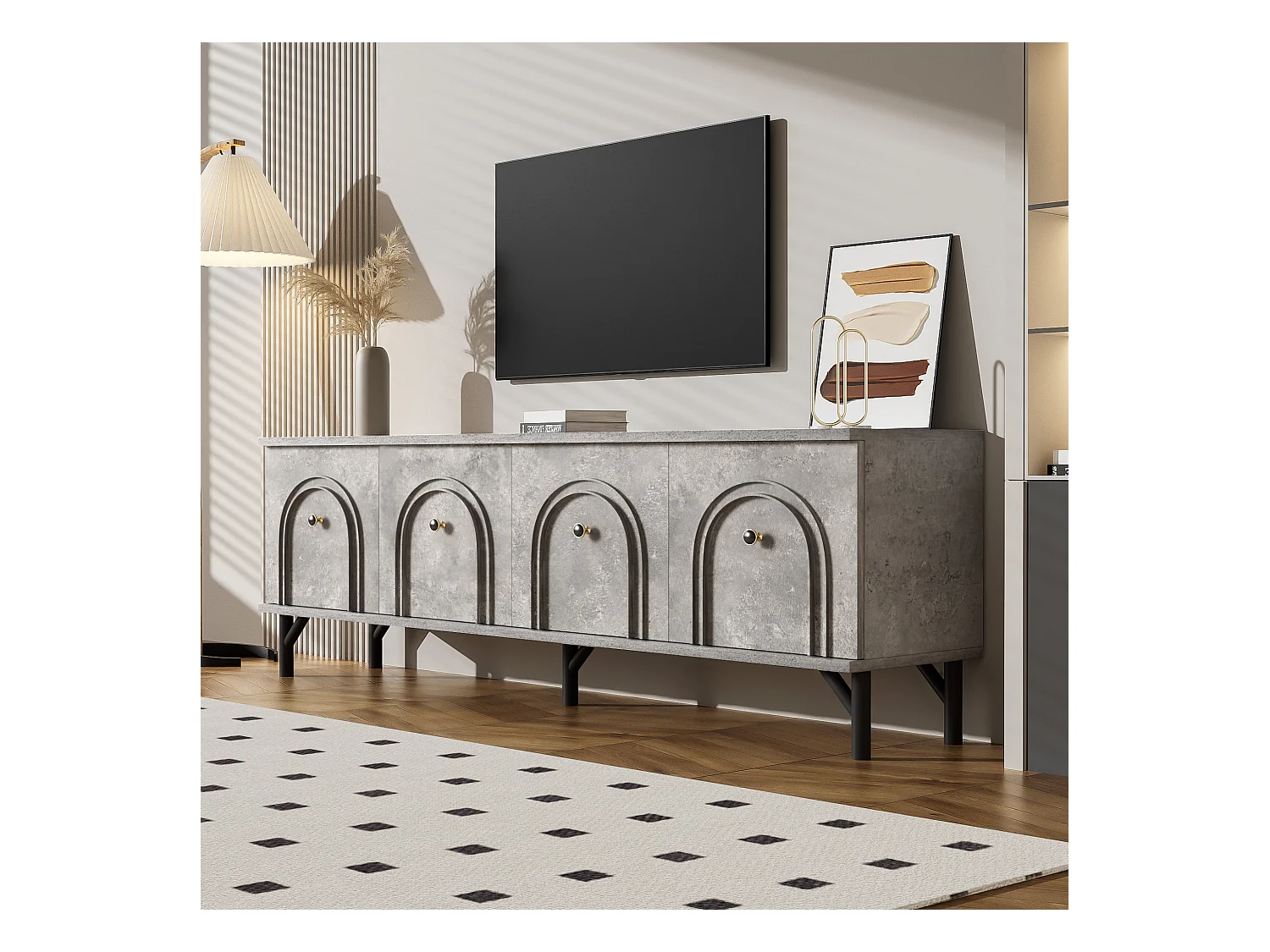 Meuble TV gris avec 4 portes cintrées - Meuble TV moderne - pieds noirs - pour salon et bureau