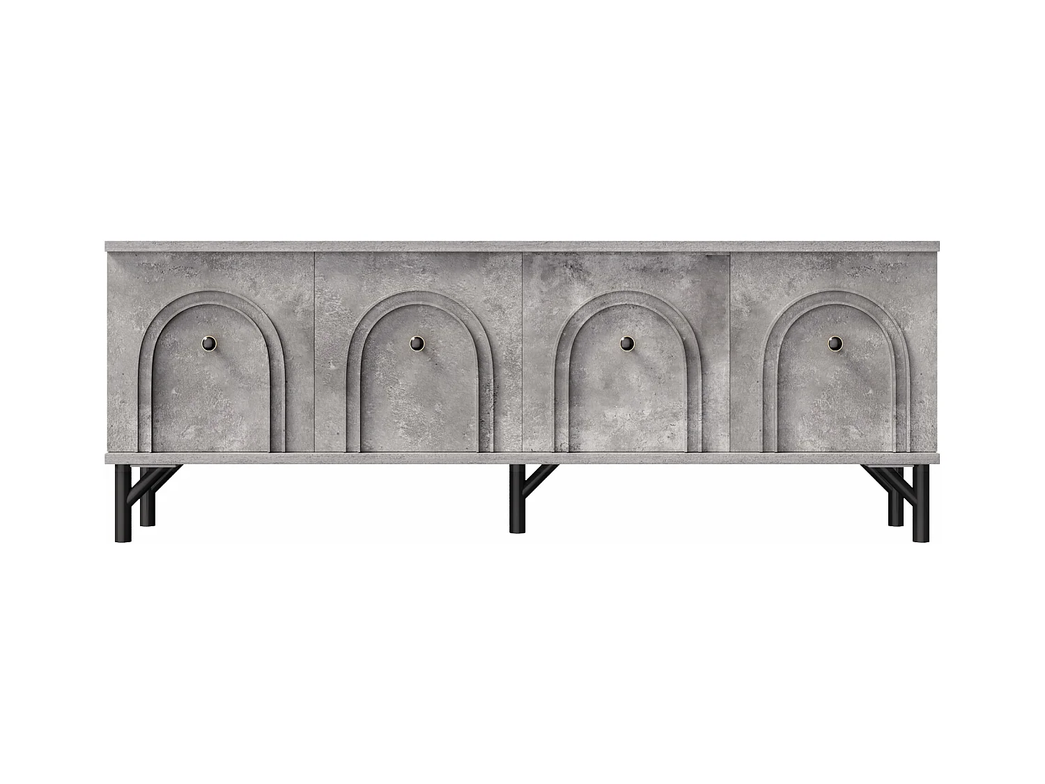 Meuble TV gris avec 4 portes cintrées - Meuble TV moderne - pieds noirs - pour salon et bureau