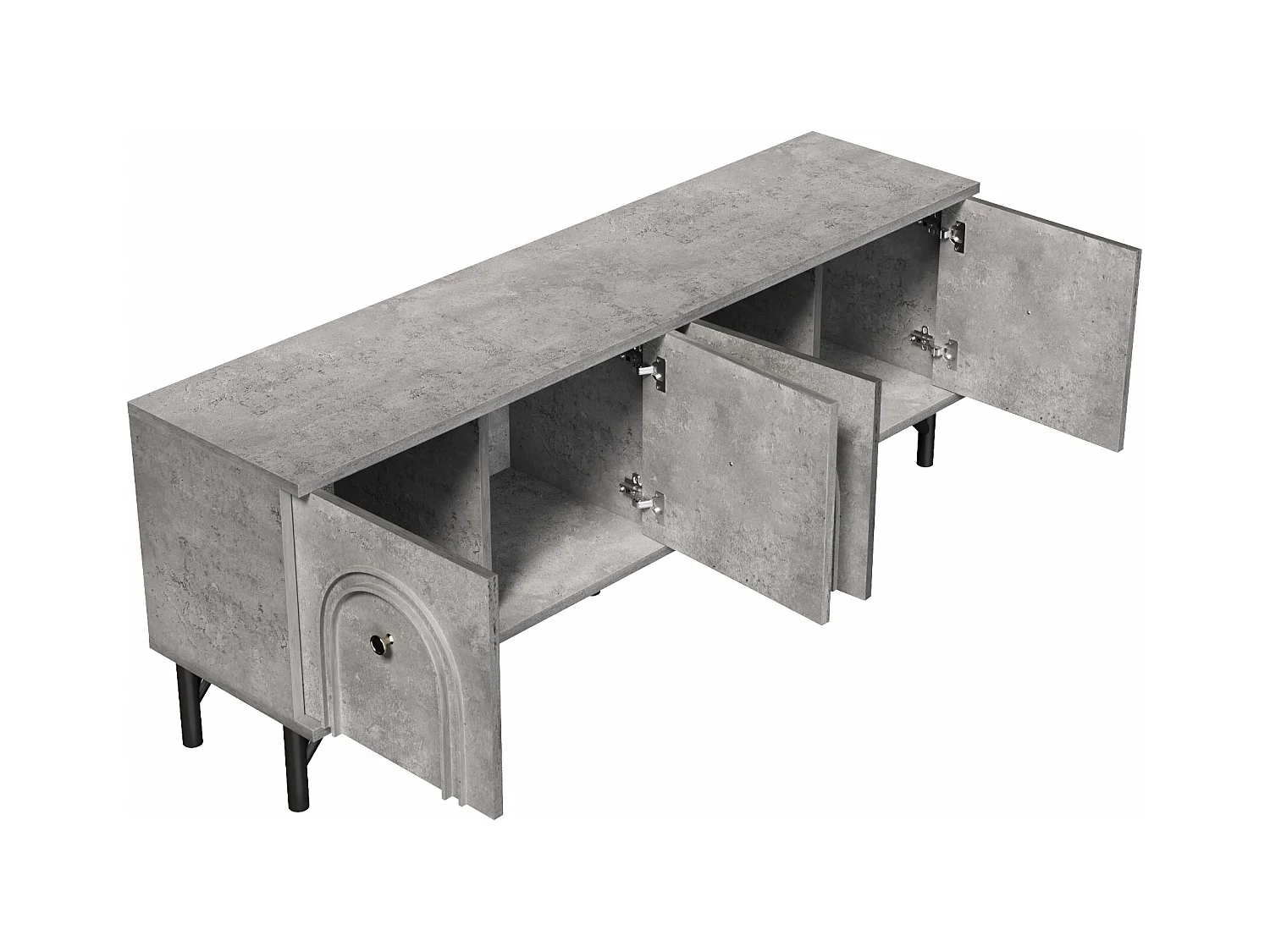 Meuble TV gris avec 4 portes cintrées - Meuble TV moderne - pieds noirs - pour salon et bureau