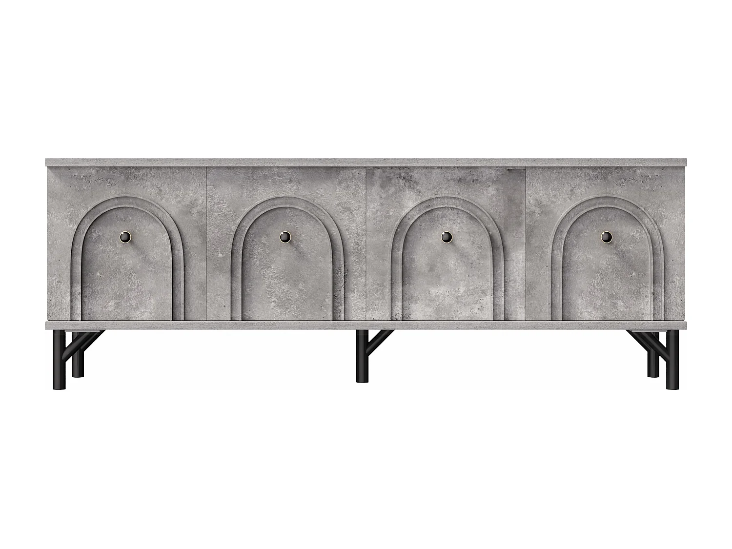 Meuble TV gris avec 4 portes cintrées - Meuble TV moderne - pieds noirs - pour salon et bureau