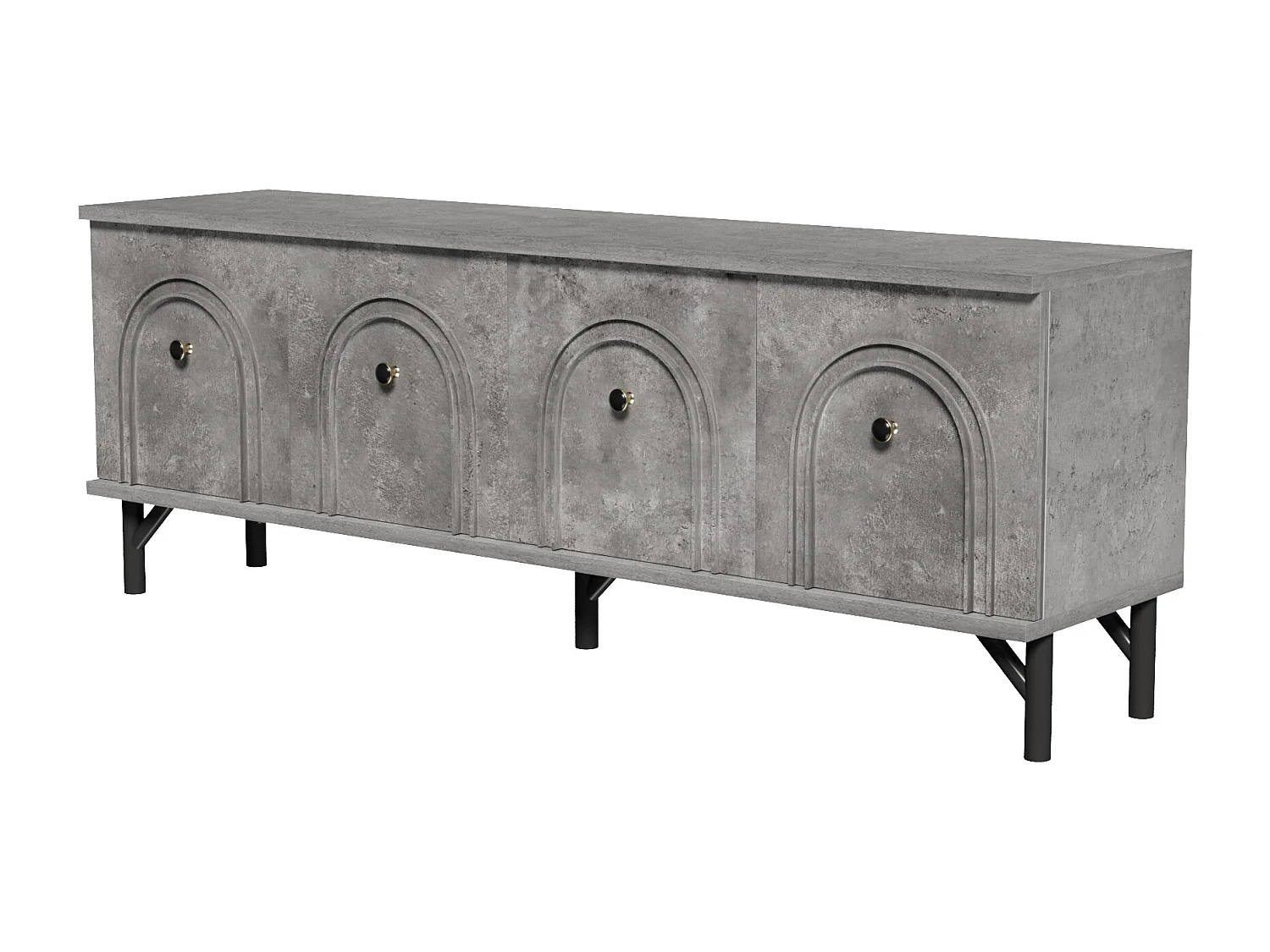 Meuble TV gris avec 4 portes cintrées - Meuble TV moderne - pieds noirs - pour salon et bureau