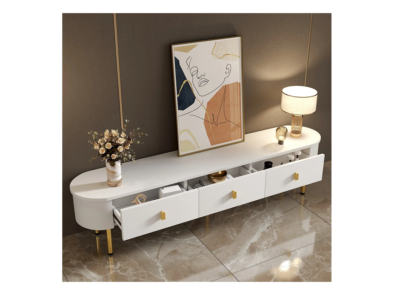 Meuble TV blanc - Meuble TV de salon avec 3 tiroirs de rangement - poignées et pieds dorés