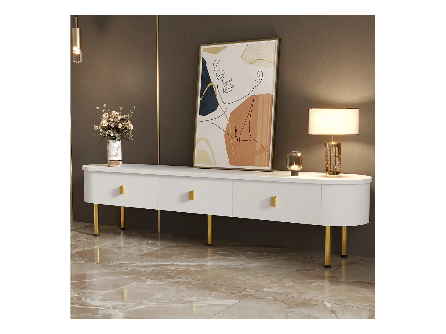 Meuble TV blanc - Meuble TV de salon avec 3 tiroirs de rangement - poignées et pieds dorés