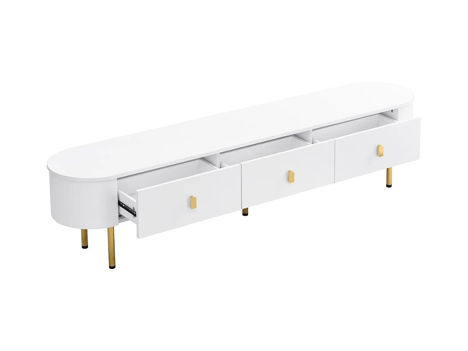 Meuble TV blanc - Meuble TV de salon avec 3 tiroirs de rangement - poignées et pieds dorés