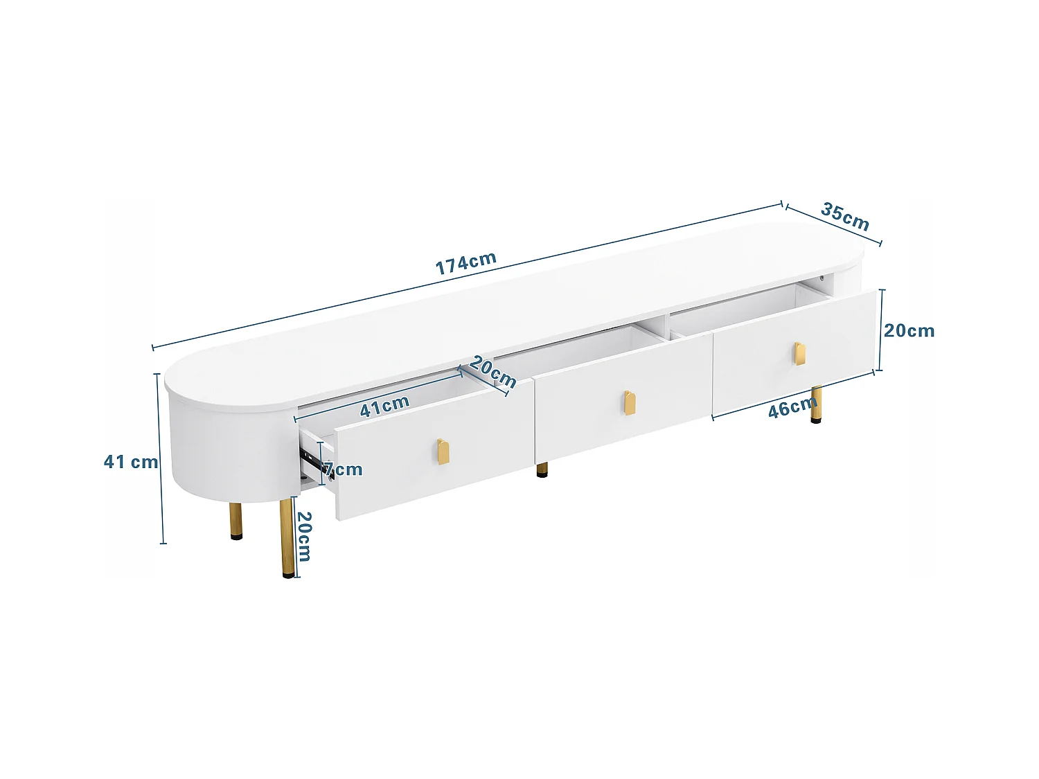 Meuble TV blanc - Meuble TV de salon avec 3 tiroirs de rangement - poignées et pieds dorés