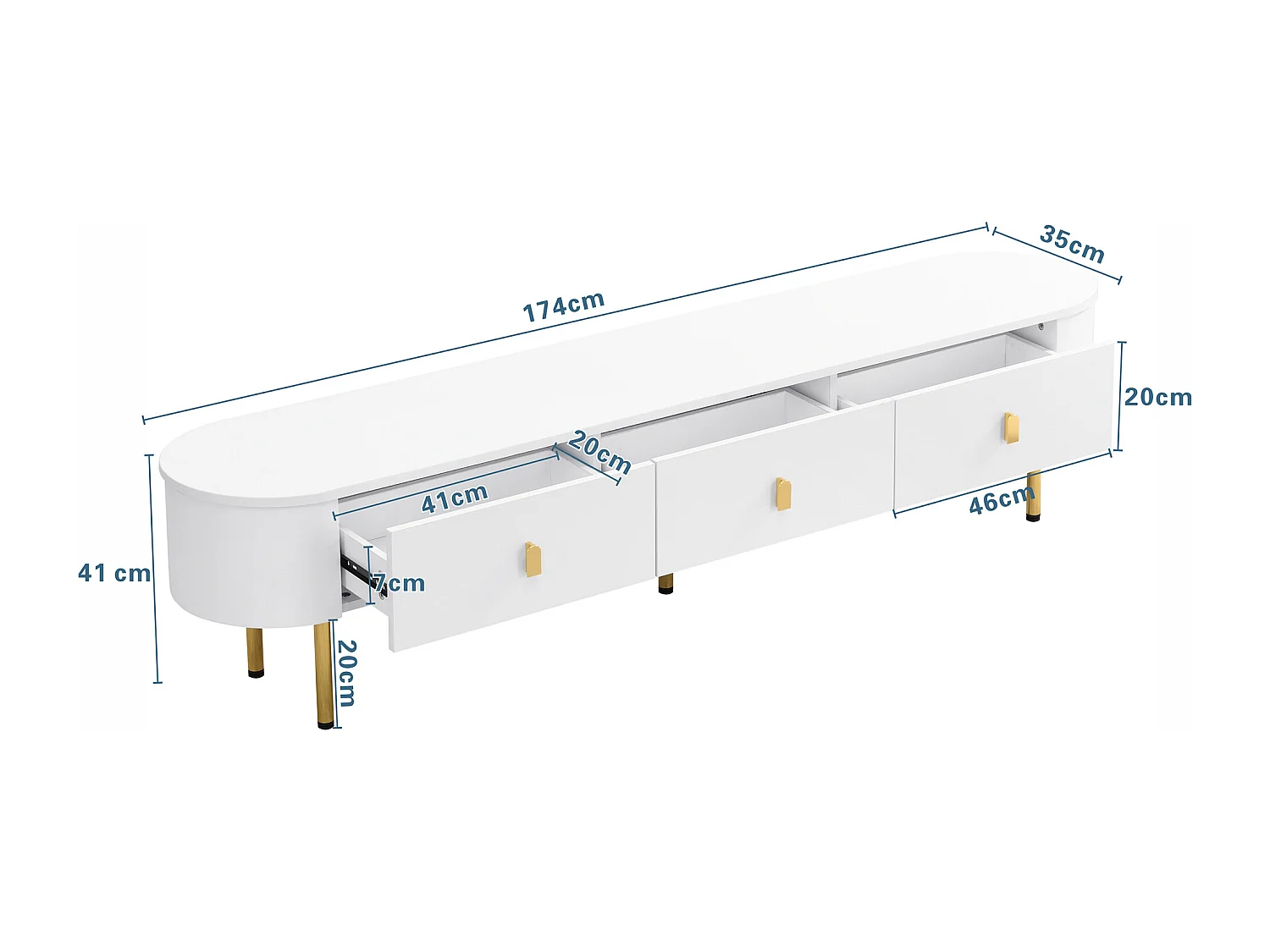 Witte tv-kast - Woonkamer tv-kast met 3 opberglades - gouden handgrepen en poten