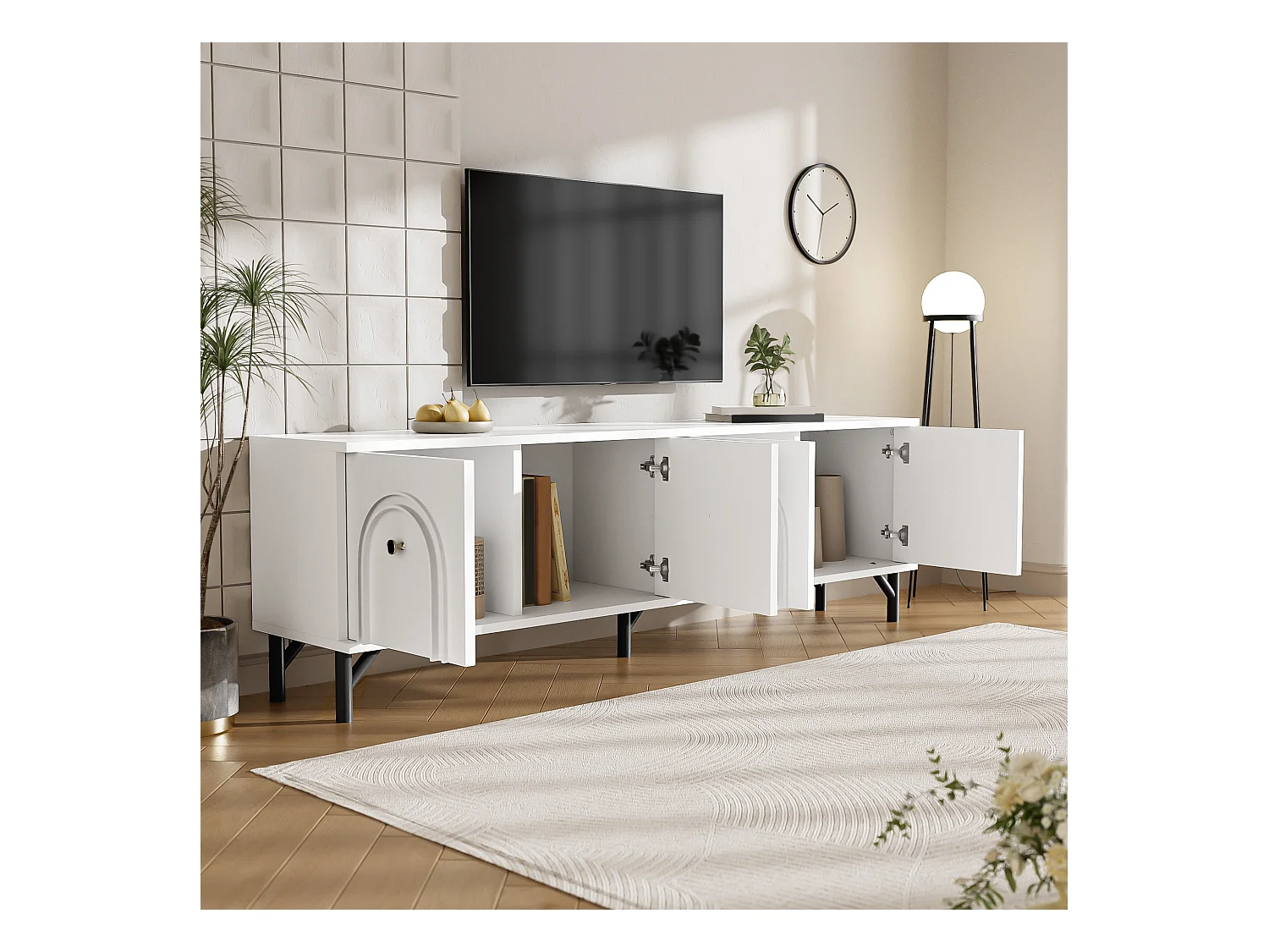 Meuble TV moderne - Meuble TV blanc avec 4 portes cintrées - pieds noirs - pour salon et bureau
