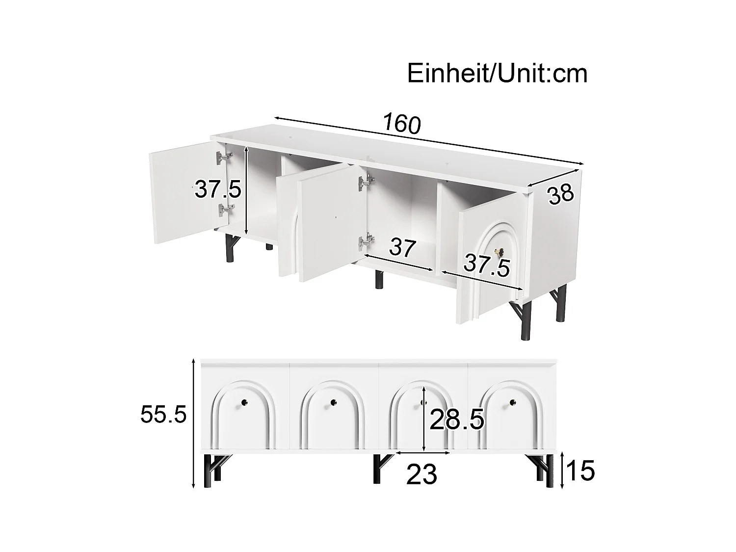 Meuble TV moderne - Meuble TV blanc avec 4 portes cintrées - pieds noirs - pour salon et bureau