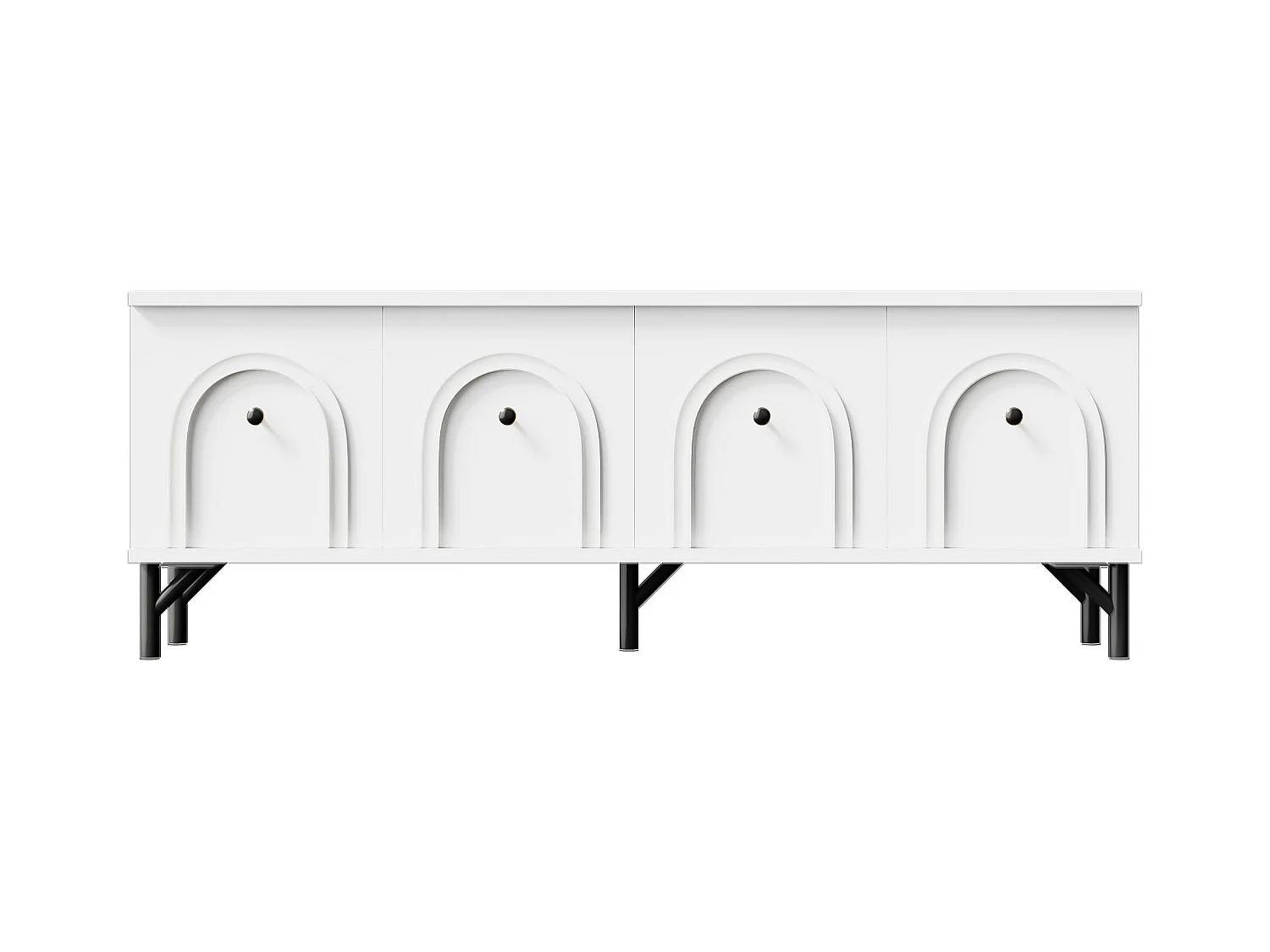 Meuble TV moderne - Meuble TV blanc avec 4 portes cintrées - pieds noirs - pour salon et bureau