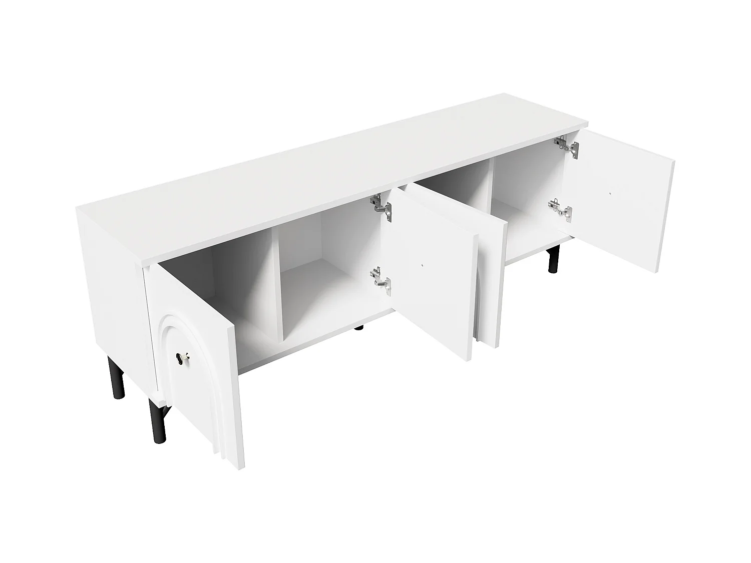 Meuble TV moderne - Meuble TV blanc avec 4 portes cintrées - pieds noirs - pour salon et bureau