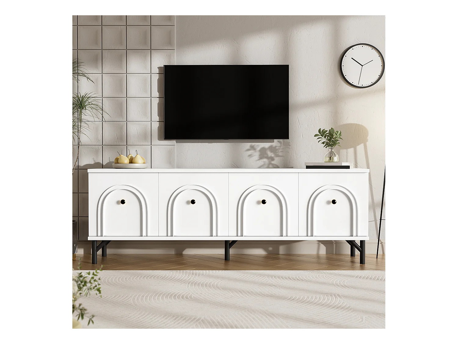 Meuble TV moderne - Meuble TV blanc avec 4 portes cintrées - pieds noirs - pour salon et bureau