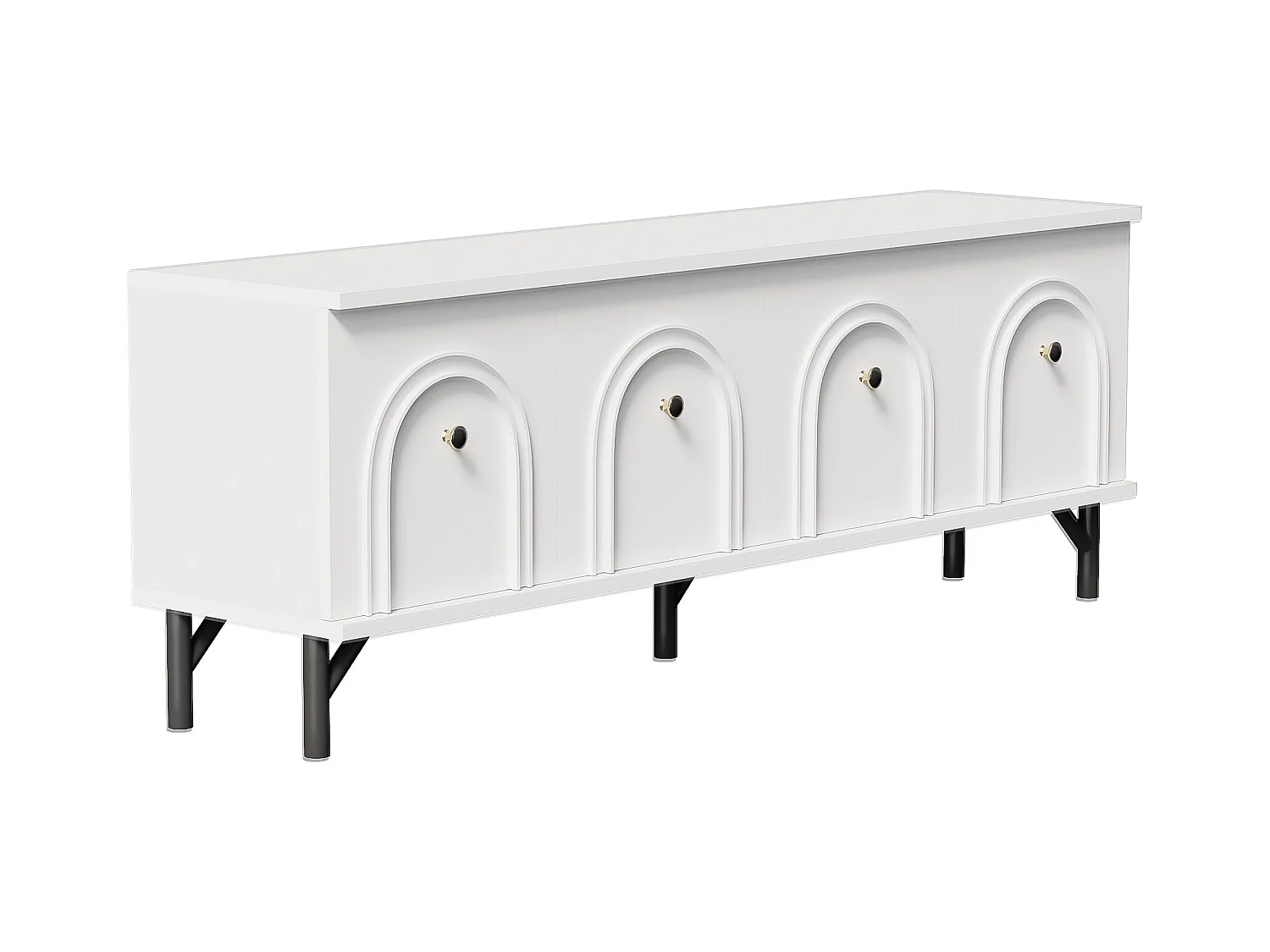 Meuble TV moderne - Meuble TV blanc avec 4 portes cintrées - pieds noirs - pour salon et bureau
