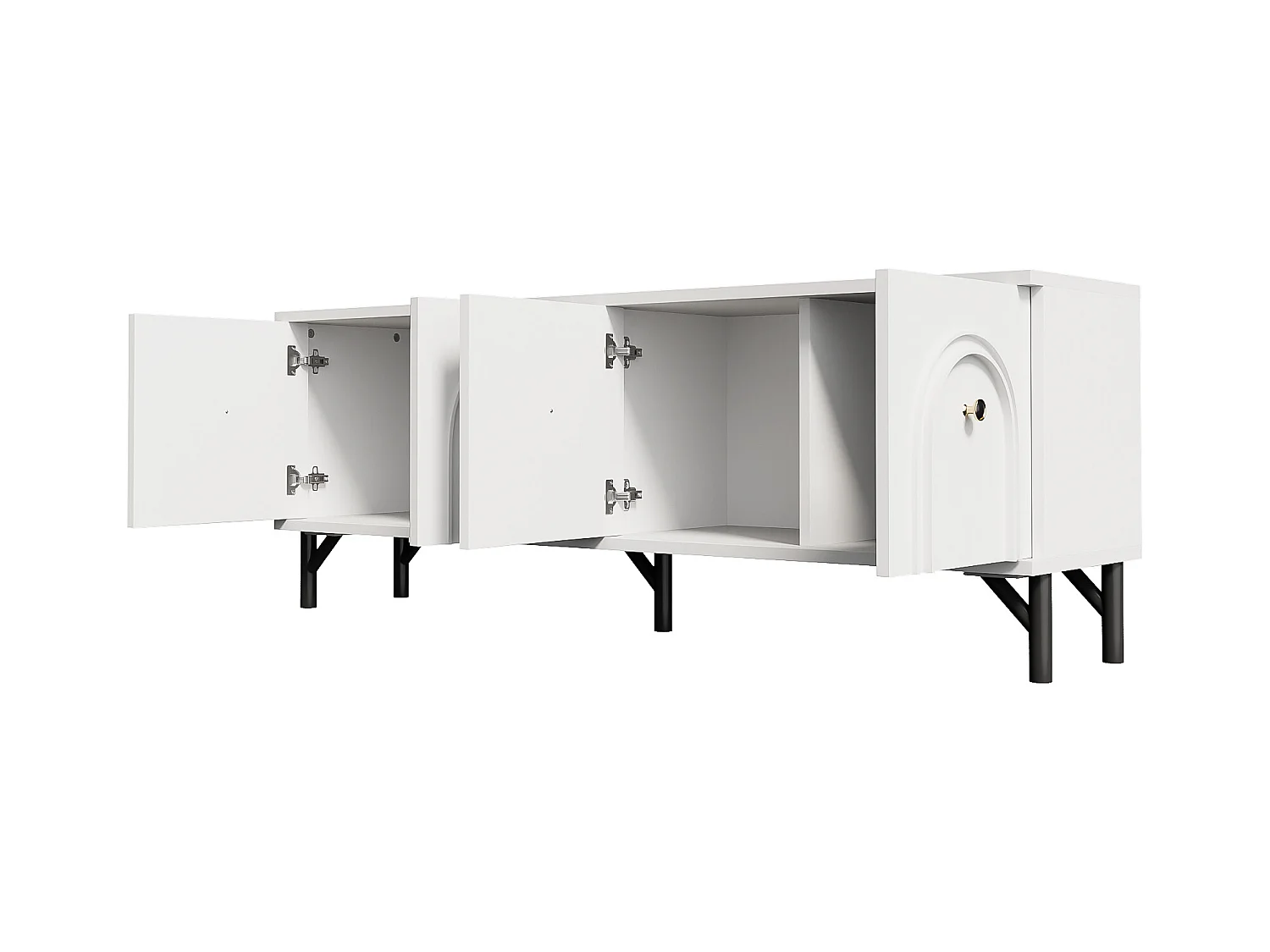 Meuble TV moderne - Meuble TV blanc avec 4 portes cintrées - pieds noirs - pour salon et bureau