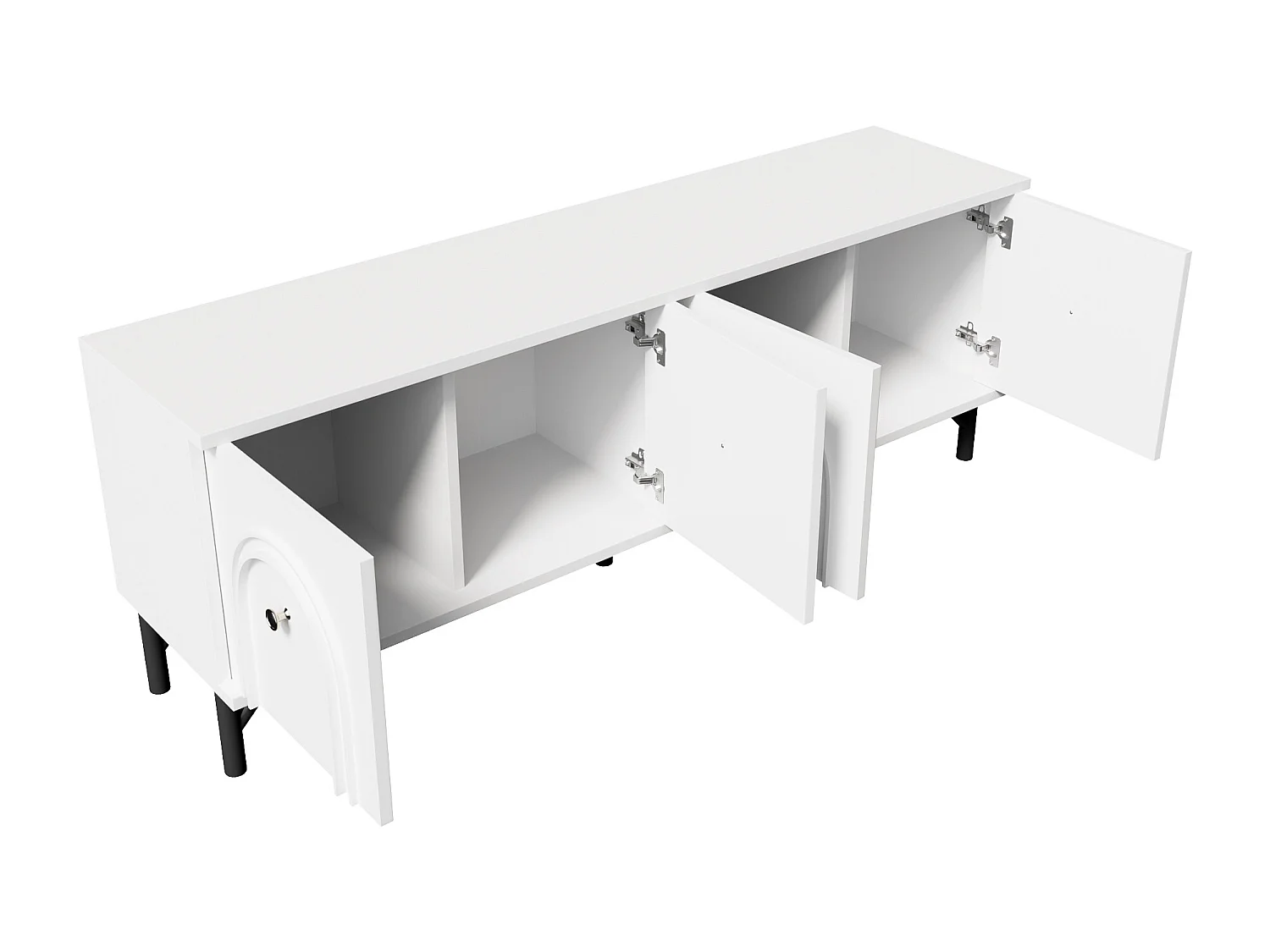 Meuble TV moderne - Meuble TV blanc avec 4 portes cintrées - pieds noirs - pour salon et bureau