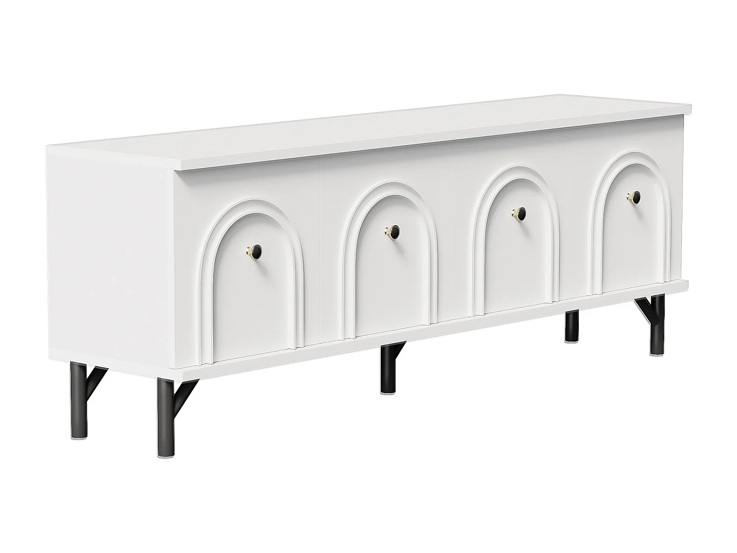 Meuble TV moderne - Meuble TV blanc avec 4 portes cintrées - pieds noirs - pour salon et bureau